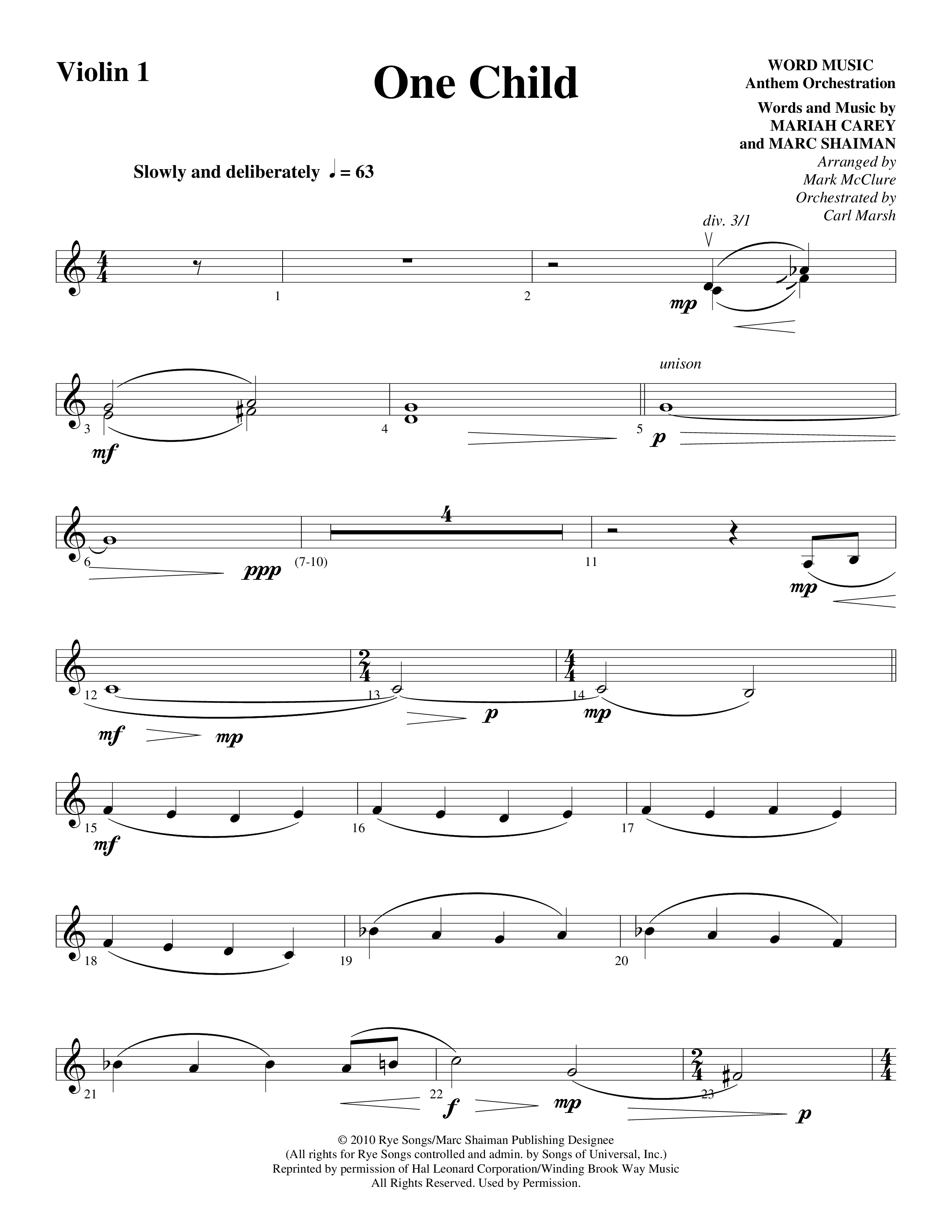 One Child Violin 1 (Word Music Choral / Arr. Mark McClure / Orch. Carl Marsh)