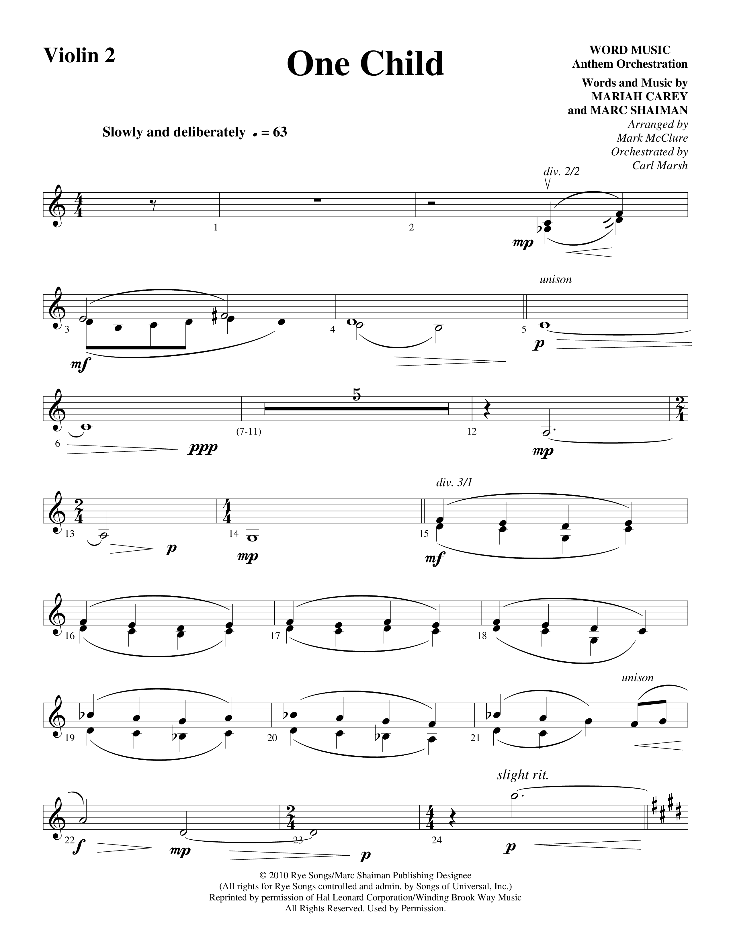 One Child Violin 2 (Word Music Choral / Arr. Mark McClure / Orch. Carl Marsh)