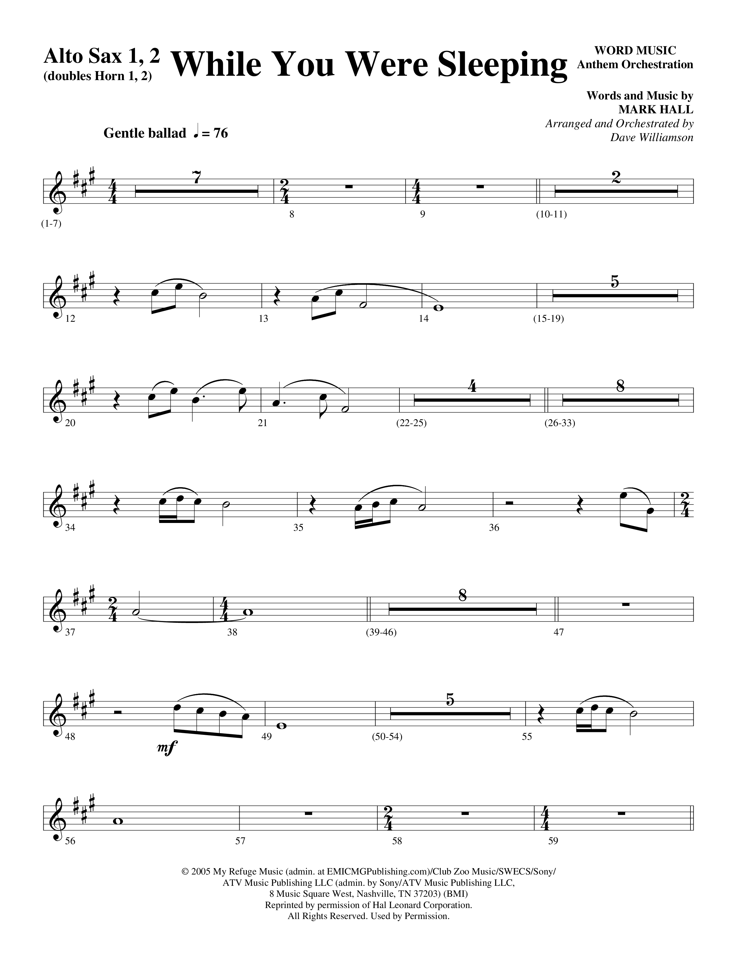 While You Were Sleeping (Choral Anthem SATB) Alto Sax 1/2 (Word Music Choral / Arr. Dave Williamson)