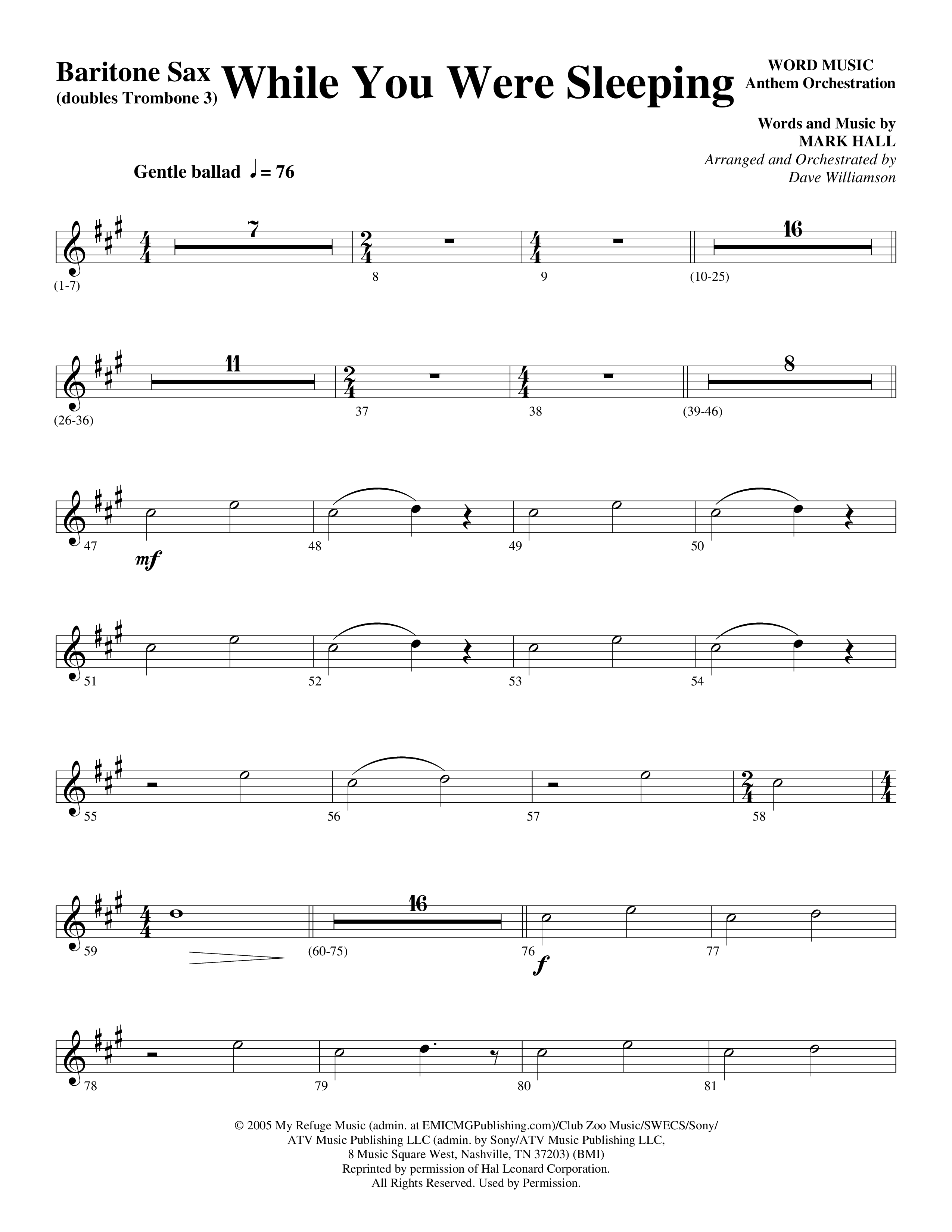 While You Were Sleeping Bari Sax (Word Music Choral / Arr. Dave Williamson)