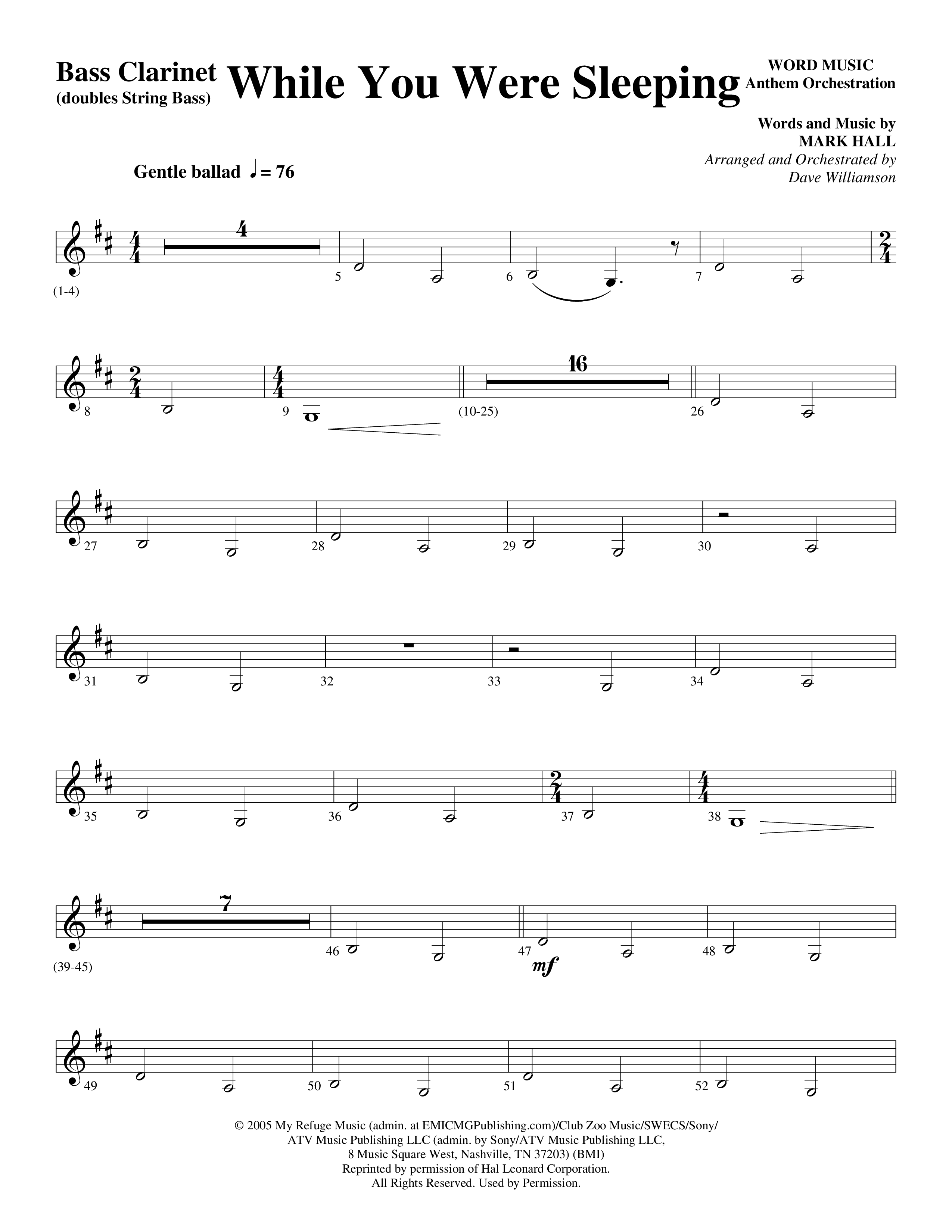 While You Were Sleeping Bass Clarinet (Word Music Choral / Arr. Dave Williamson)