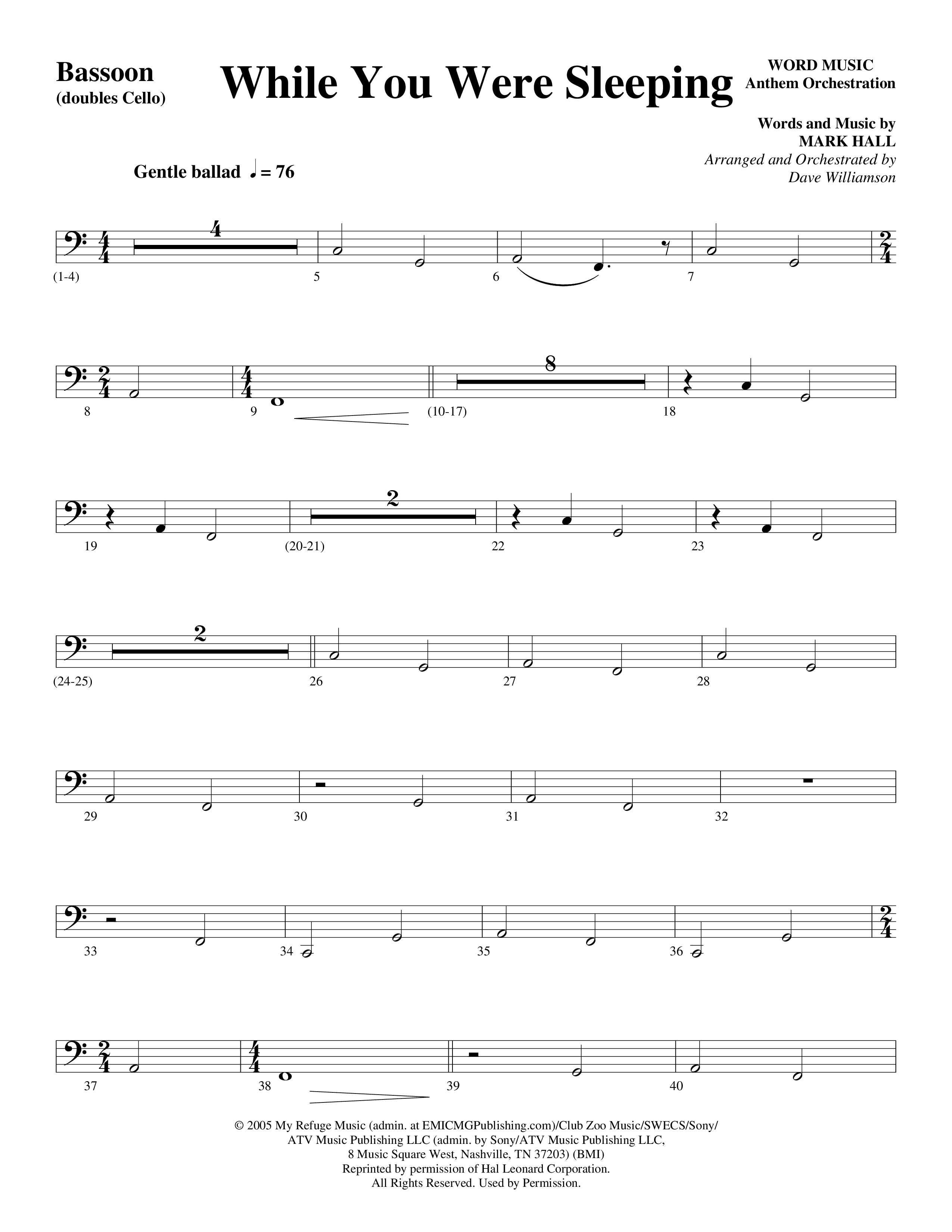 While You Were Sleeping Bassoon (Word Music Choral / Arr. Dave Williamson)