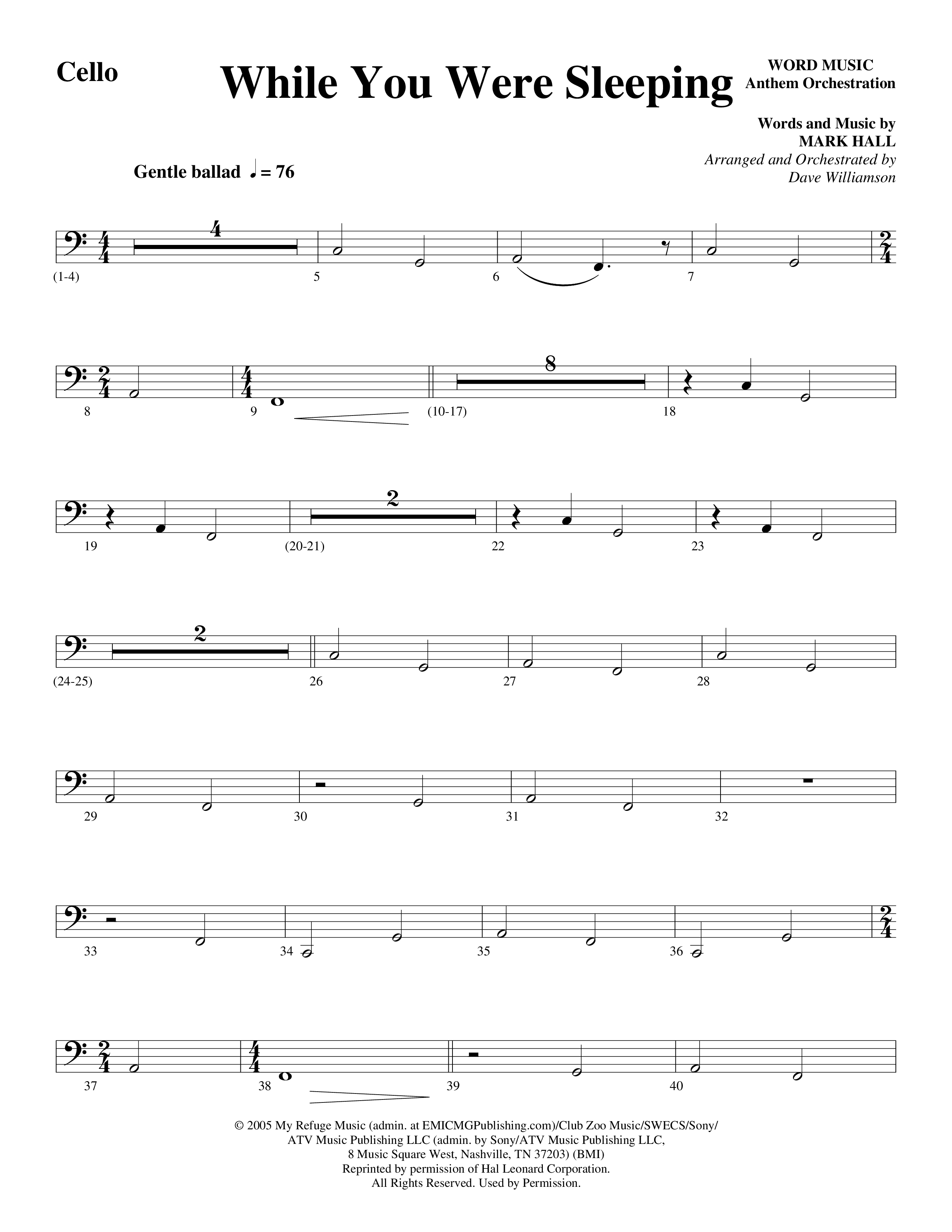While You Were Sleeping Cello (Word Music Choral / Arr. Dave Williamson)