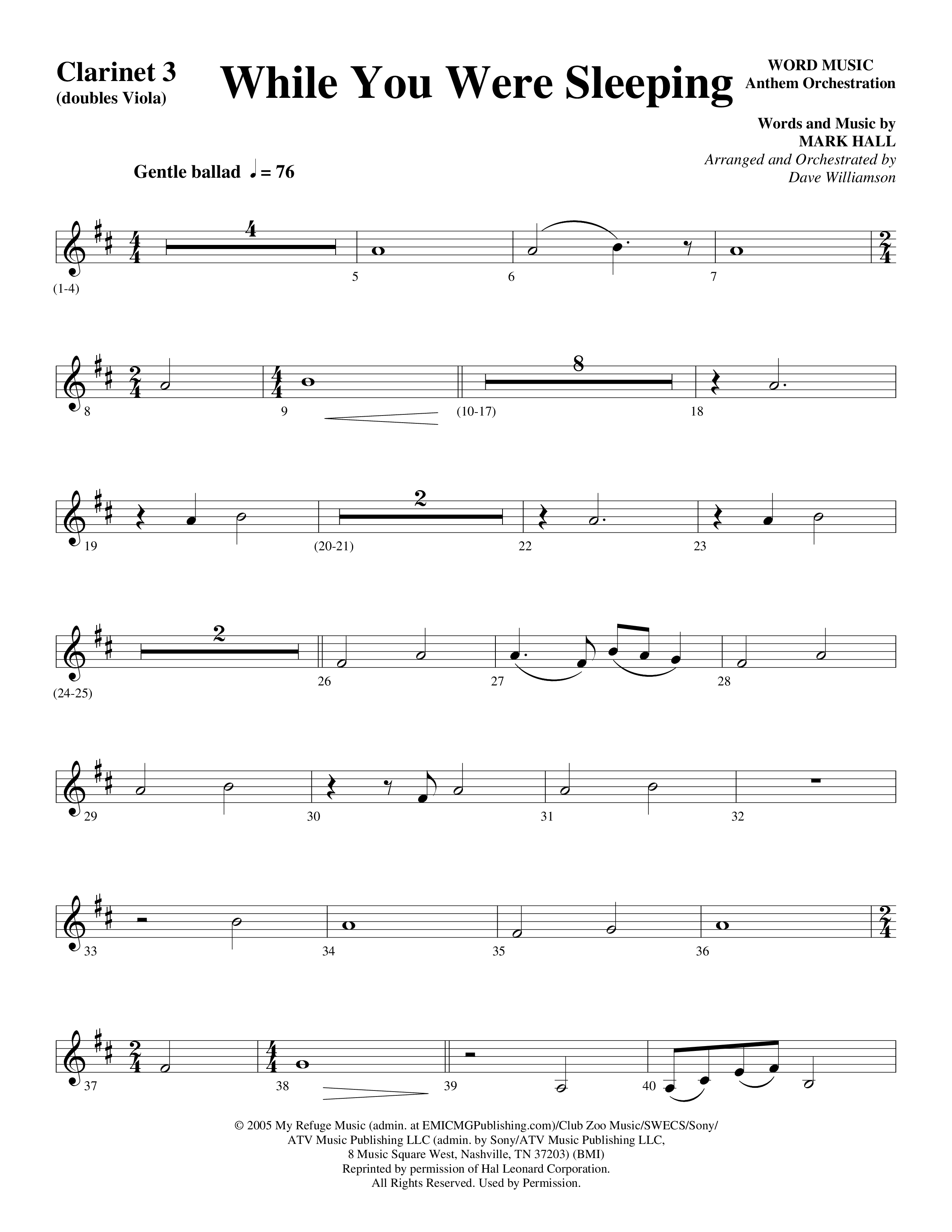 While You Were Sleeping Clarinet 3 (Word Music Choral / Arr. Dave Williamson)