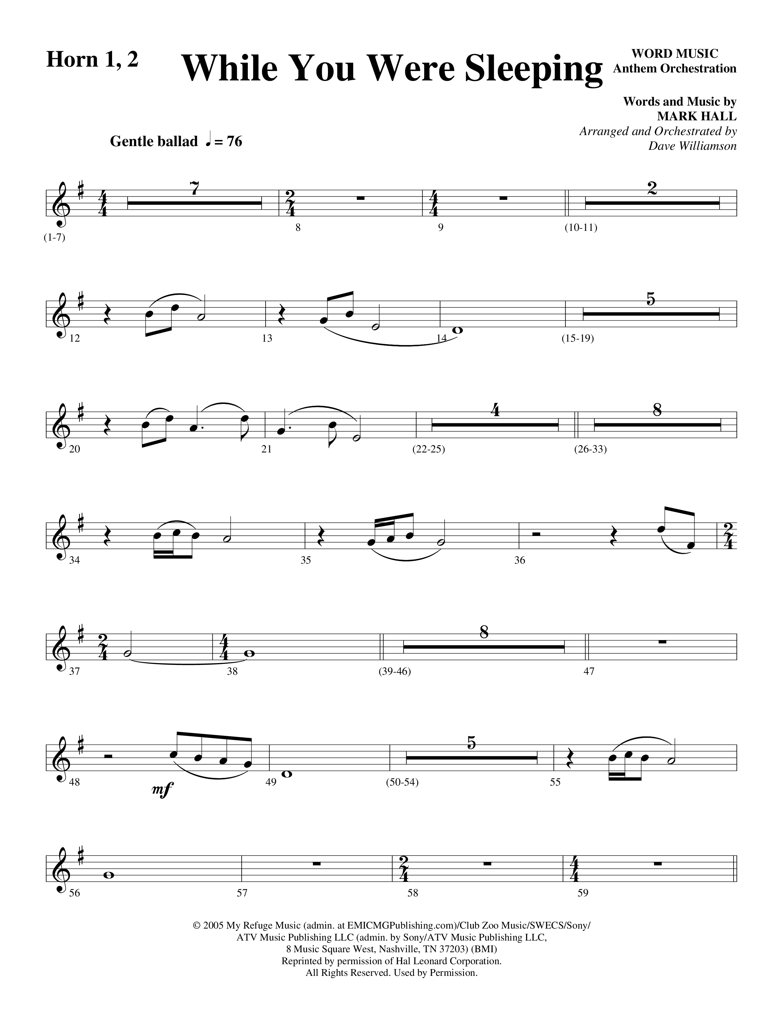While You Were Sleeping (Choral Anthem SATB) French Horn 1/2 (Word Music Choral / Arr. Dave Williamson)