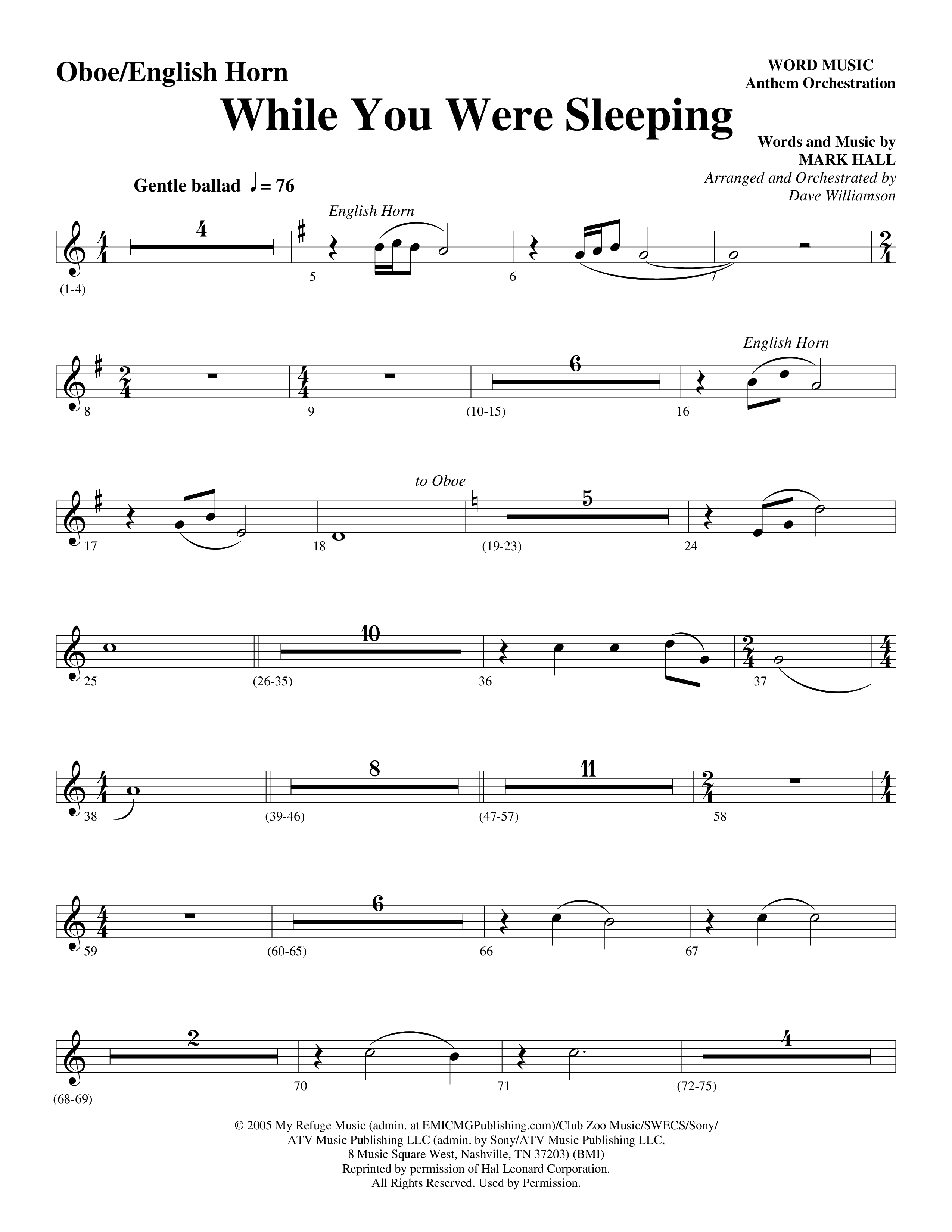 While You Were Sleeping Oboe (Word Music Choral / Arr. Dave Williamson)