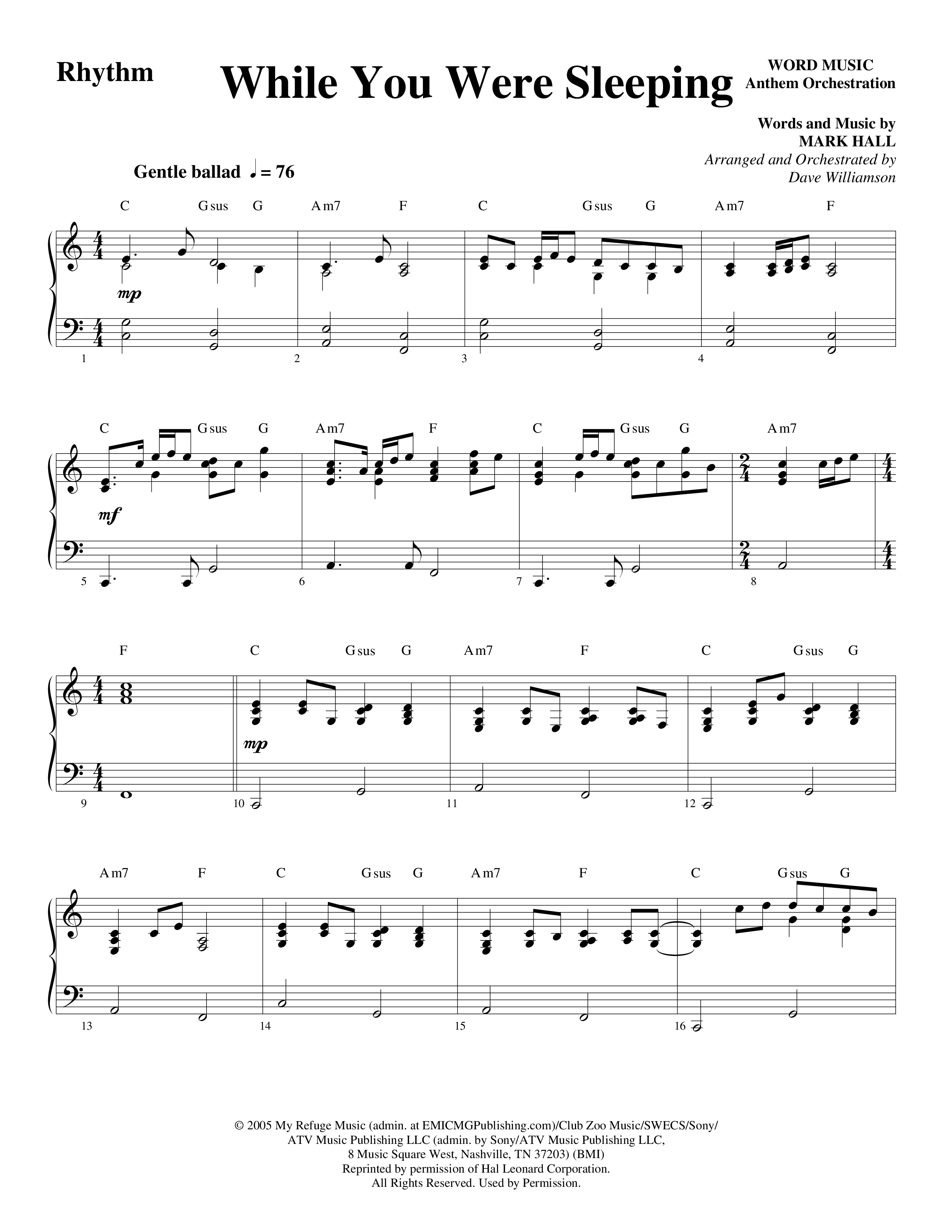 While You Were Sleeping (Choral Anthem SATB) Rhythm Chart (Word Music Choral / Arr. Dave Williamson)