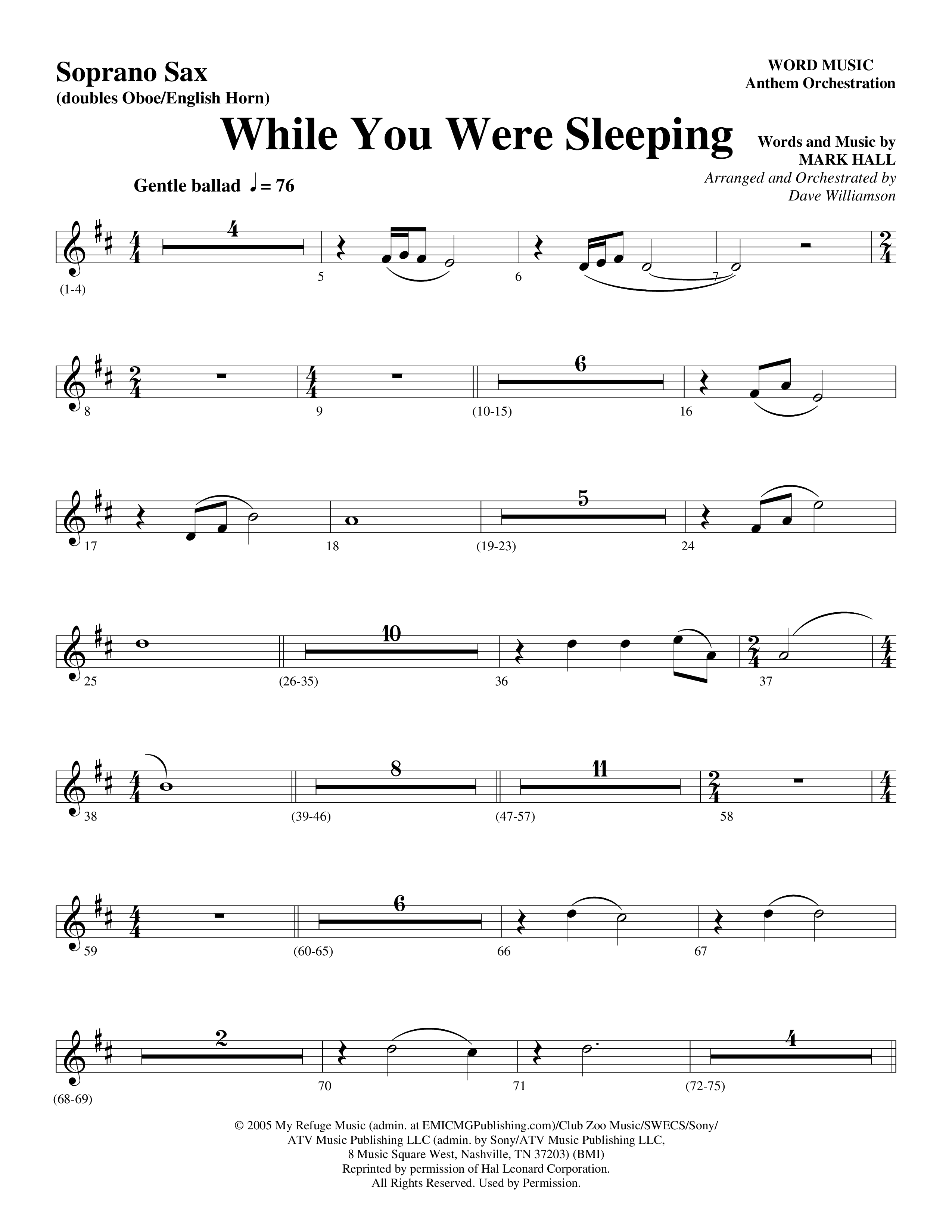 While You Were Sleeping (Choral Anthem SATB) Soprano Sax (Word Music Choral / Arr. Dave Williamson)
