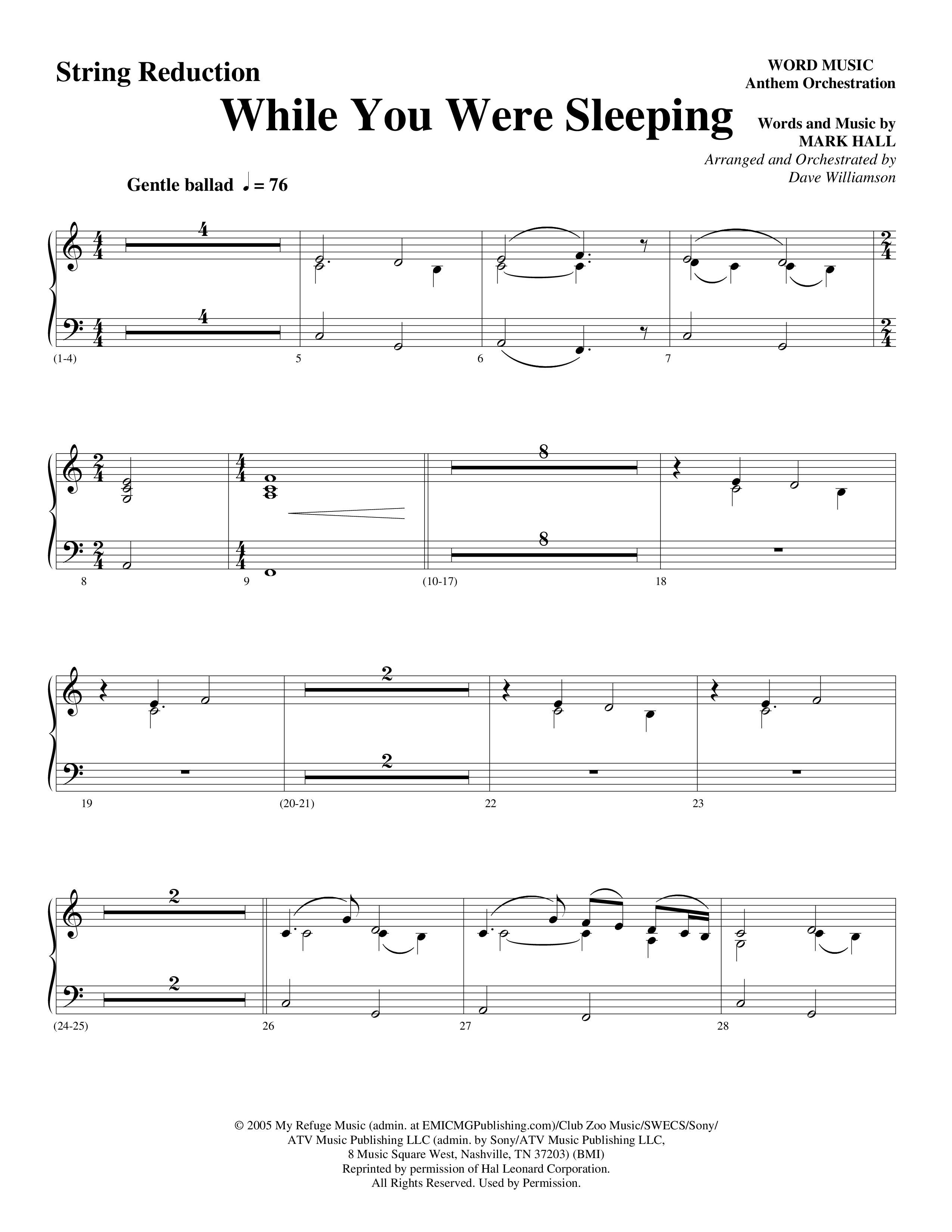 While You Were Sleeping (Choral Anthem SATB) String Reduction (Word Music Choral / Arr. Dave Williamson)
