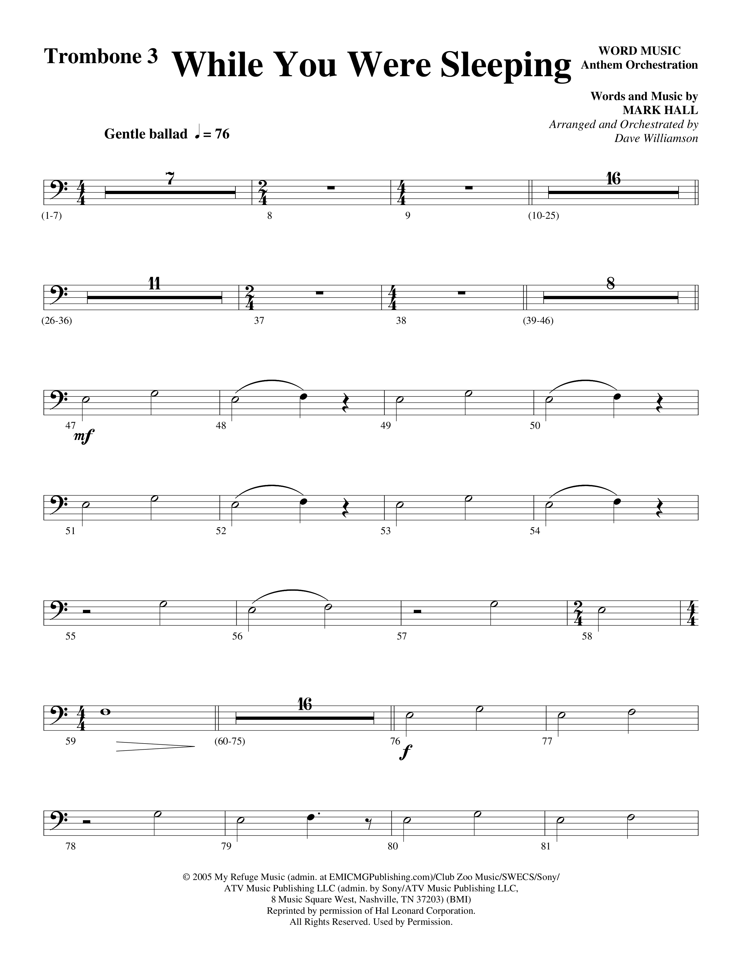 While You Were Sleeping Trombone 3 (Word Music Choral / Arr. Dave Williamson)