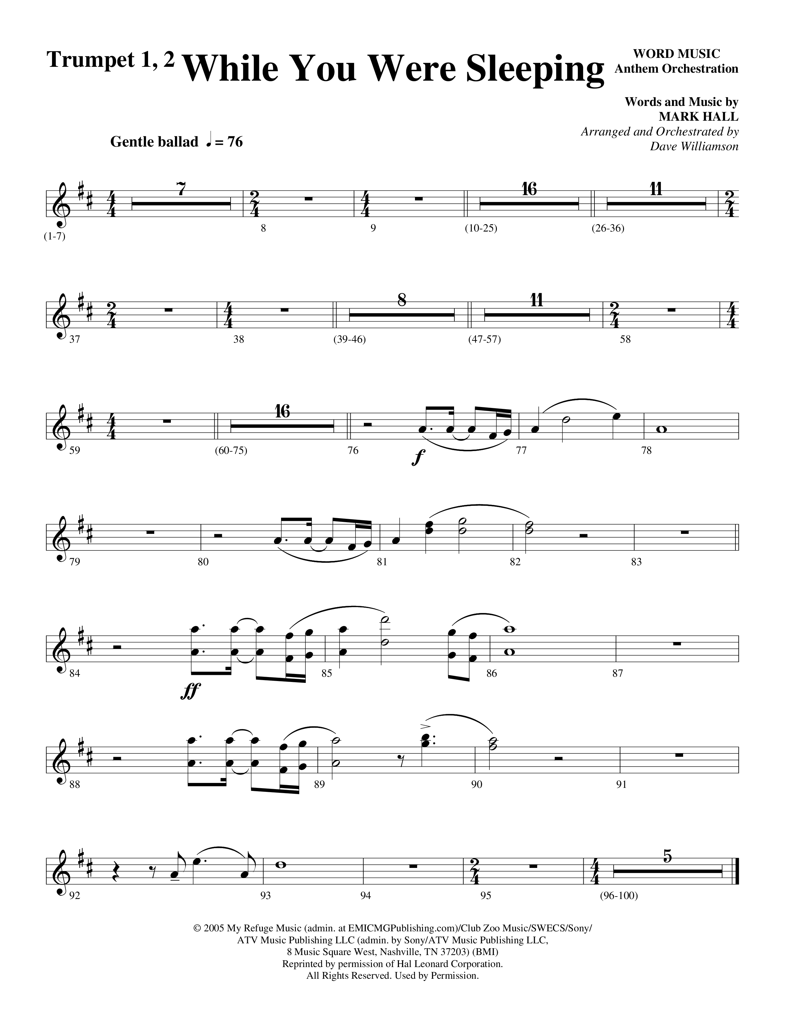While You Were Sleeping (Choral Anthem SATB) Trumpet 1,2 (Word Music Choral / Arr. Dave Williamson)
