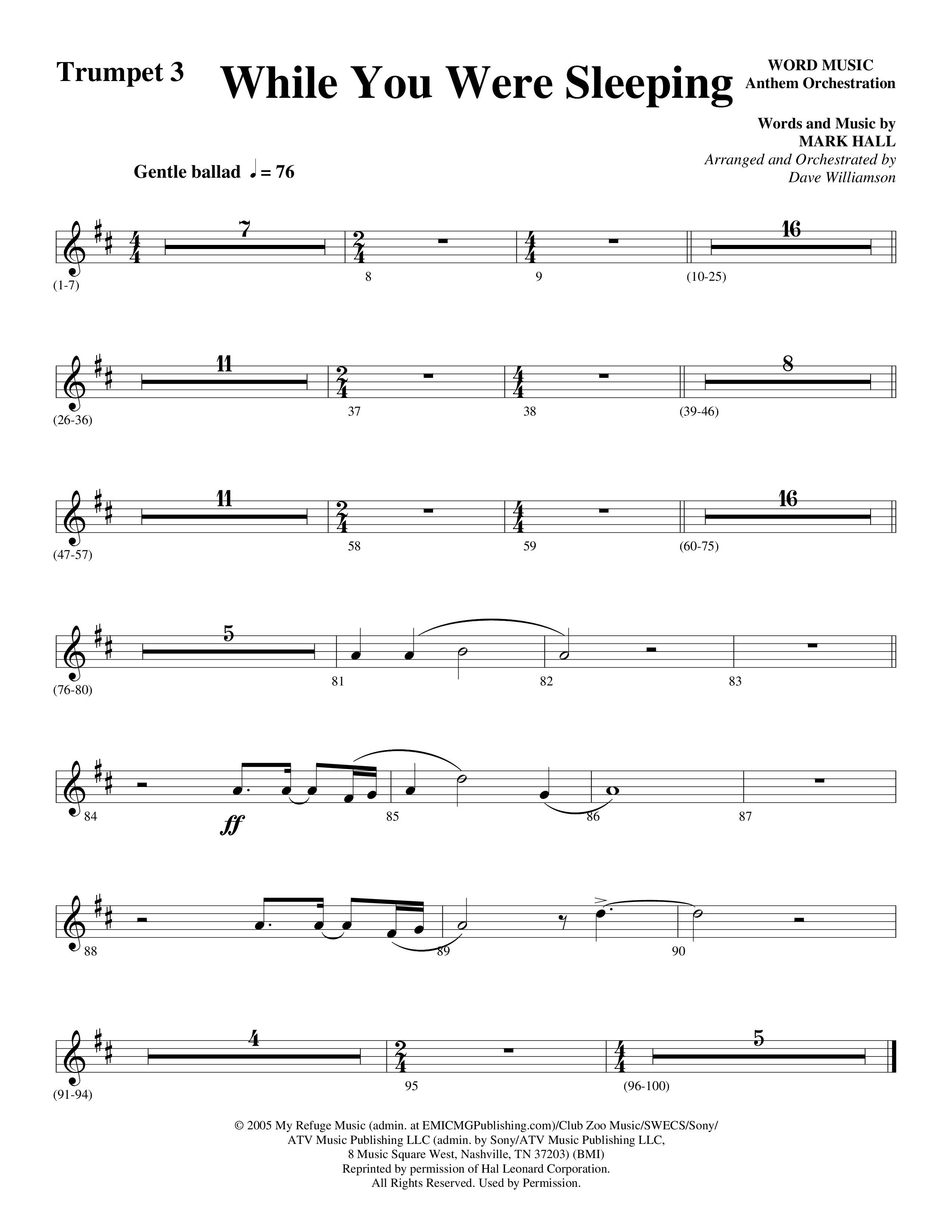 While You Were Sleeping Trumpet 3 (Word Music Choral / Arr. Dave Williamson)