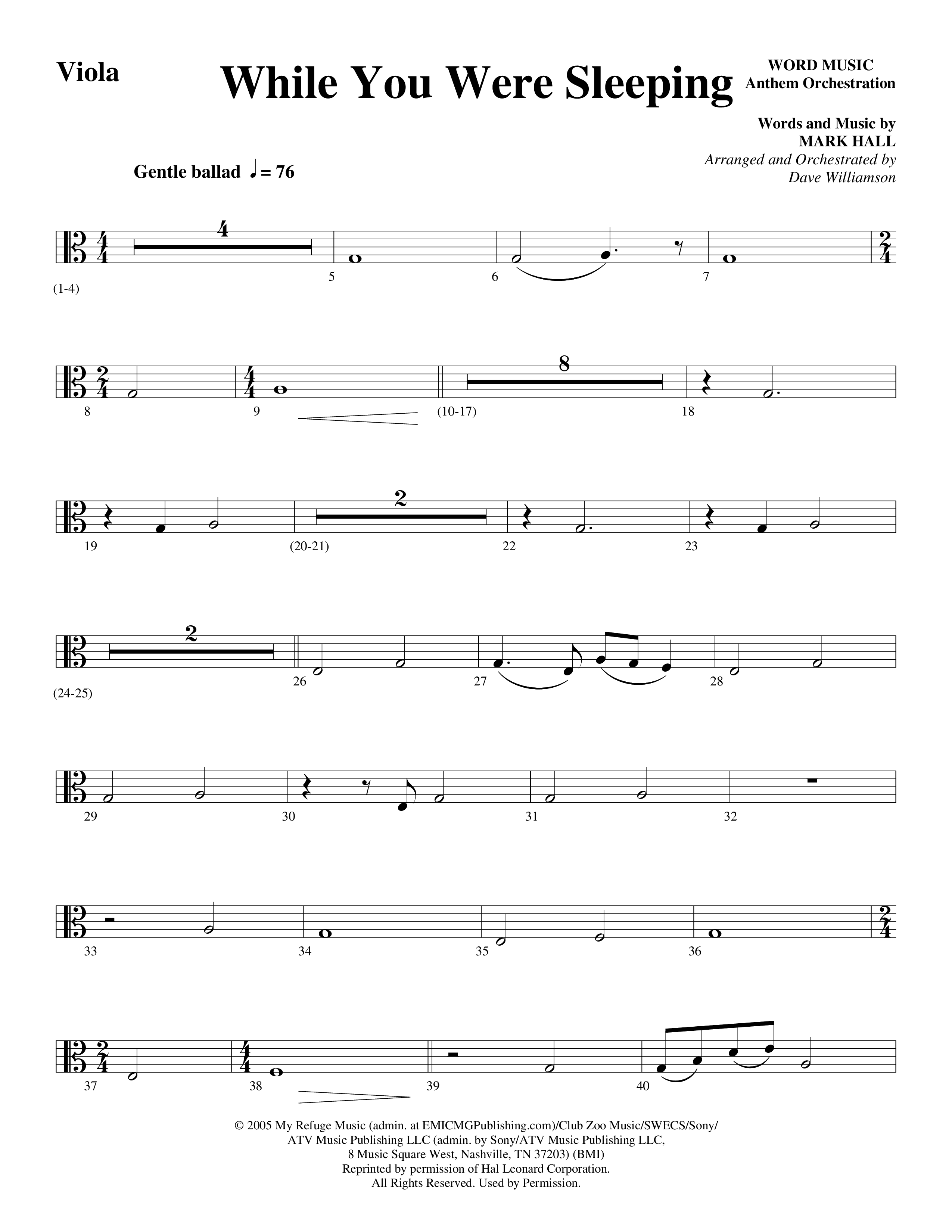 While You Were Sleeping Viola (Word Music Choral / Arr. Dave Williamson)