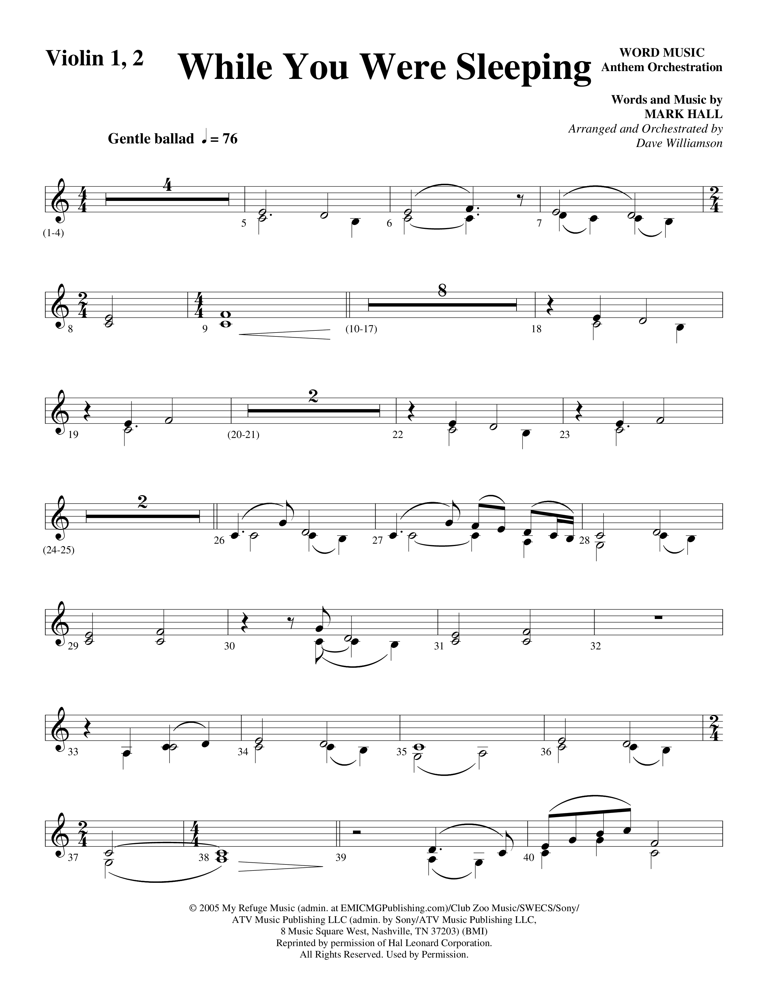 While You Were Sleeping Violin 1/2 (Word Music Choral / Arr. Dave Williamson)