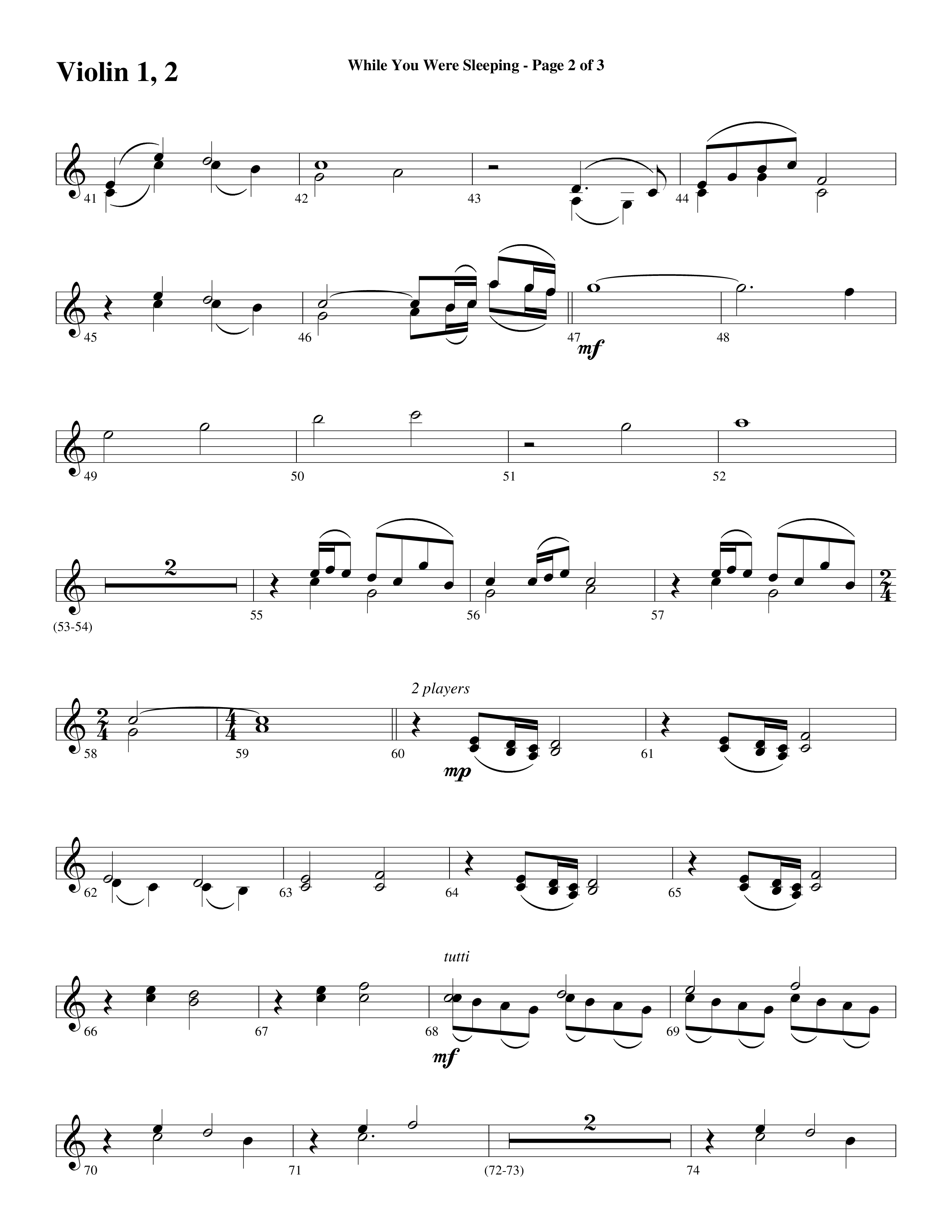 While You Were Sleeping Violin 1/2 (Word Music Choral / Arr. Dave Williamson)