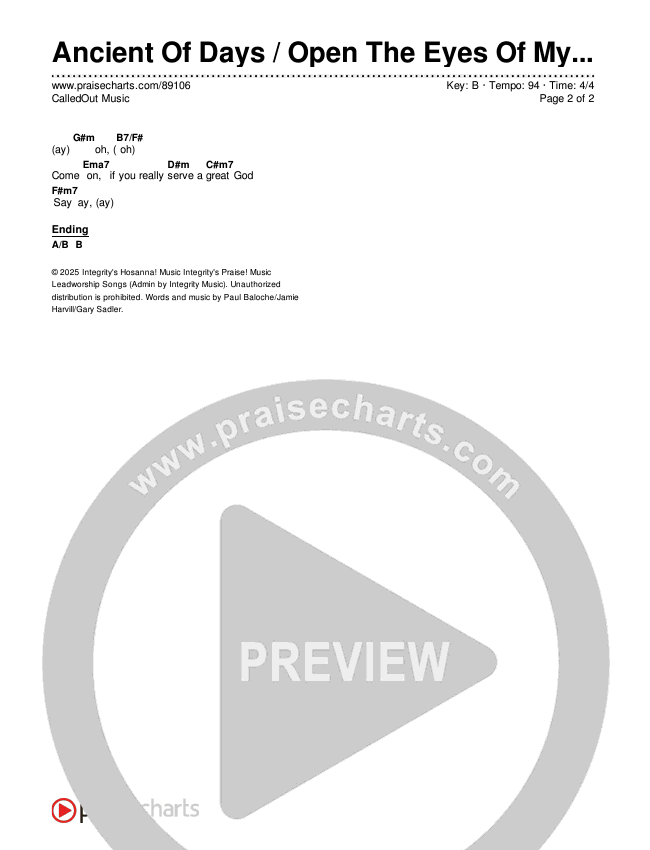 Ancient Of Days / Open The Eyes Of My Heart Chord Chart (CalledOut Music)