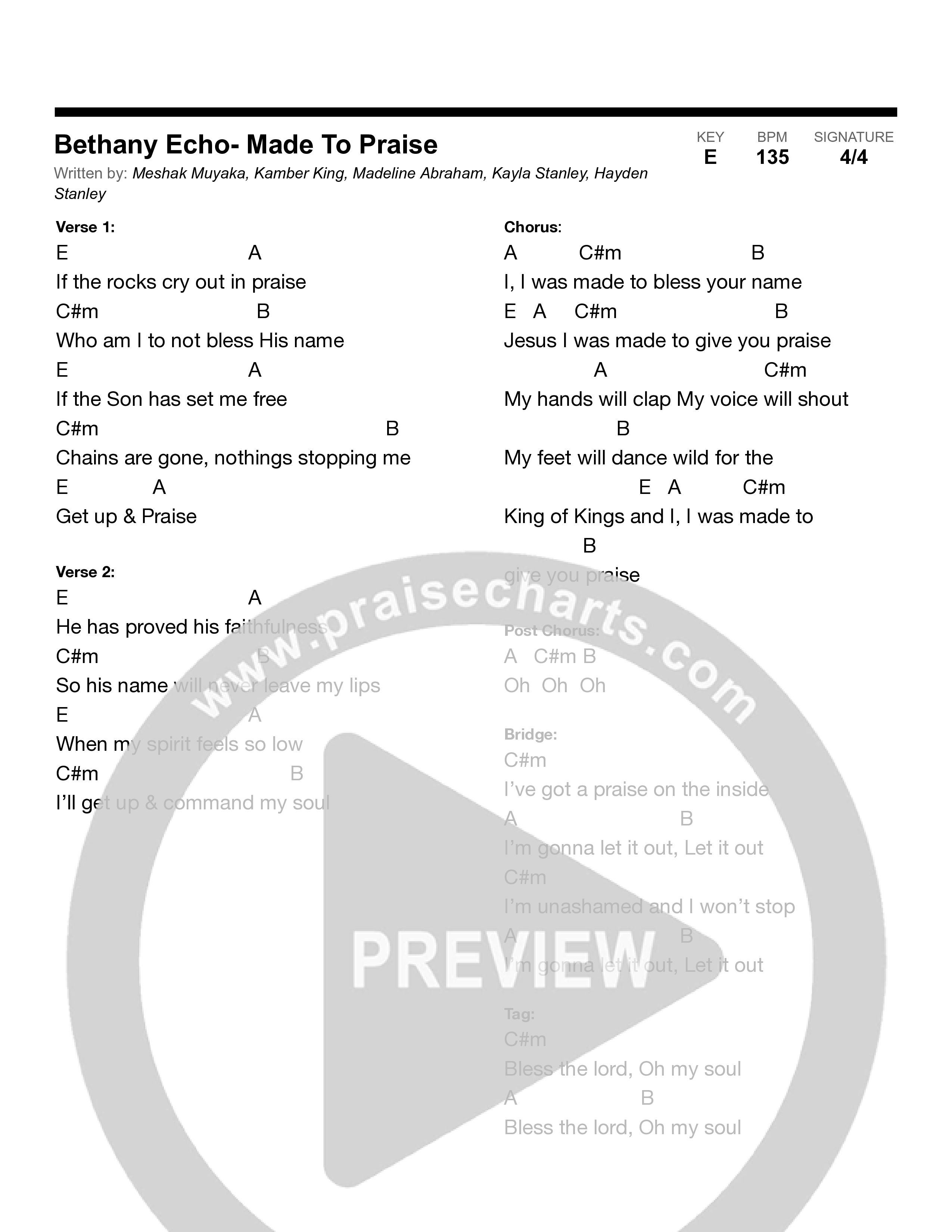 Made To Praise (Live) Chord Chart (Bethany Echo)