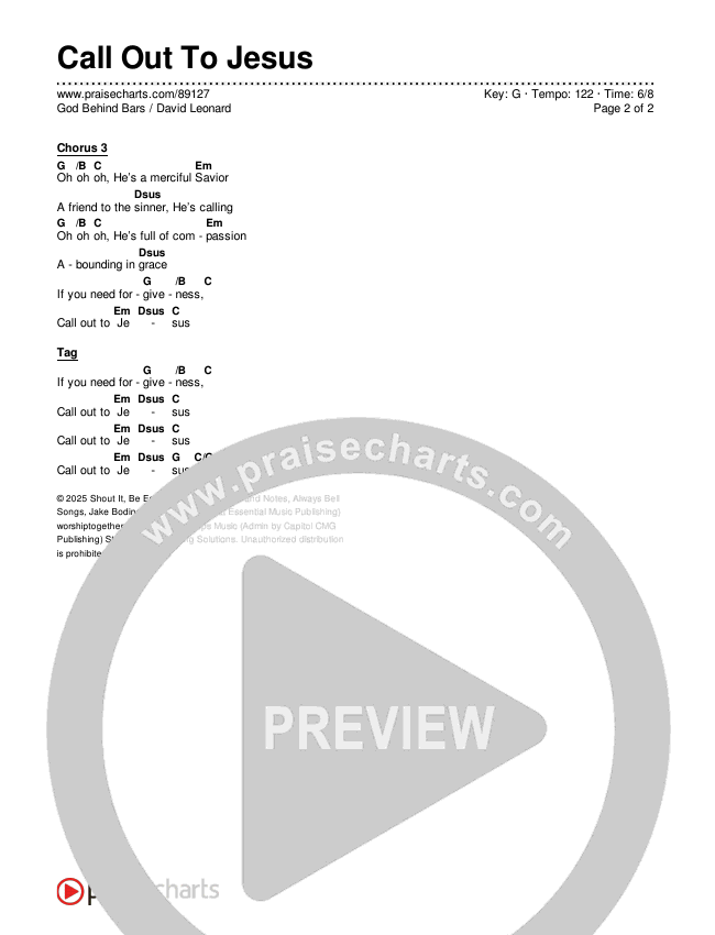 Call Out To Jesus Chords & Lyrics (God Behind Bars / David Leonard)