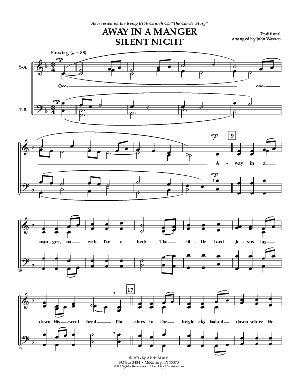 Away In A Manger (with Silent Night) Choir Sheet (SATB) (Irving Bible Church Vox Humana Choir / John Wasson)