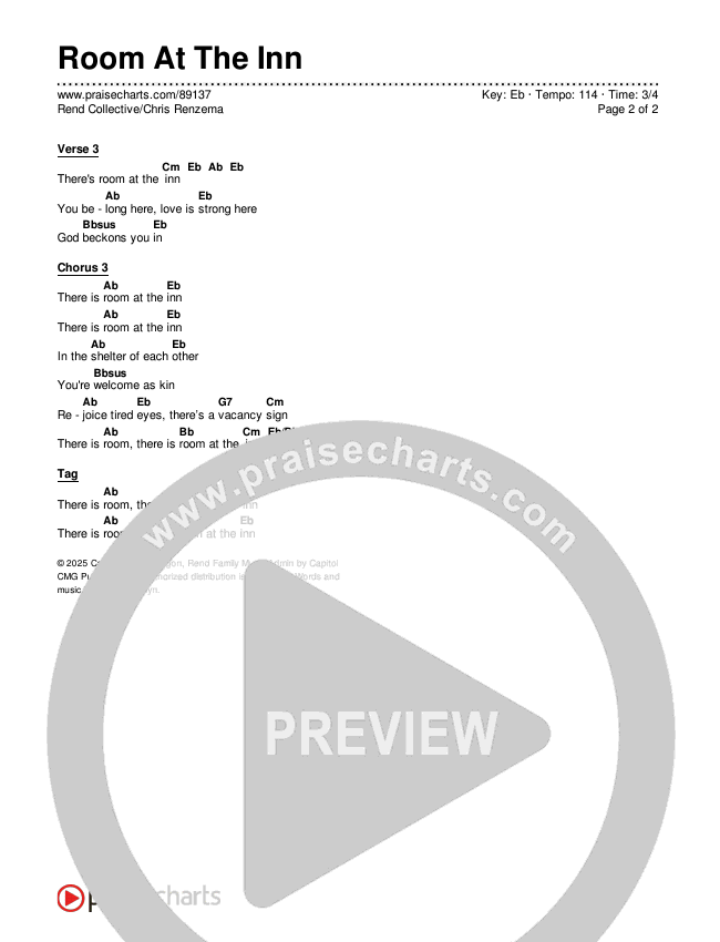 Room At The Inn Chords & Lyrics (Rend Collective / Chris Renzema)