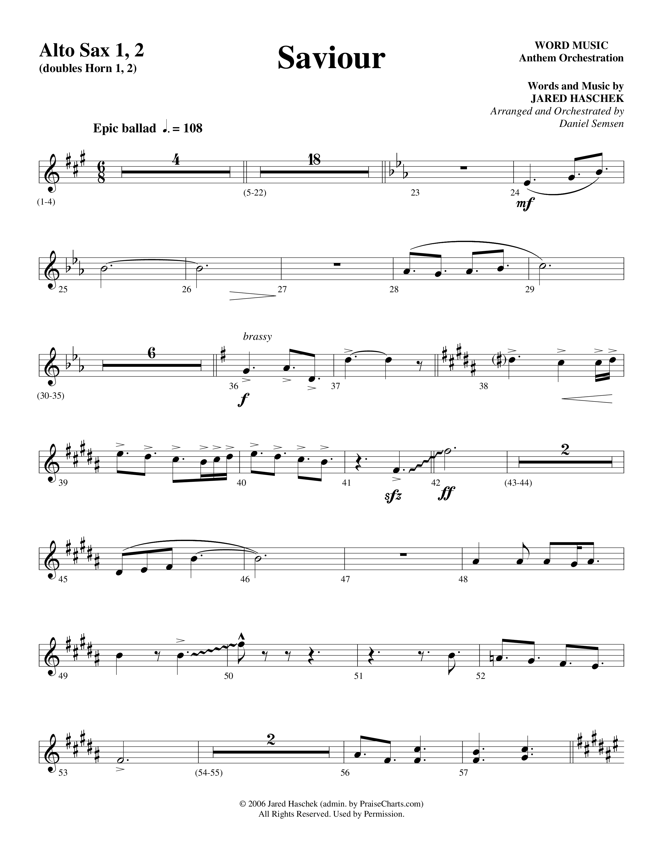 Saviour (Choral Anthem SATB) Alto Sax 1/2 (Word Music Choral / Arr. Daniel Semsen)