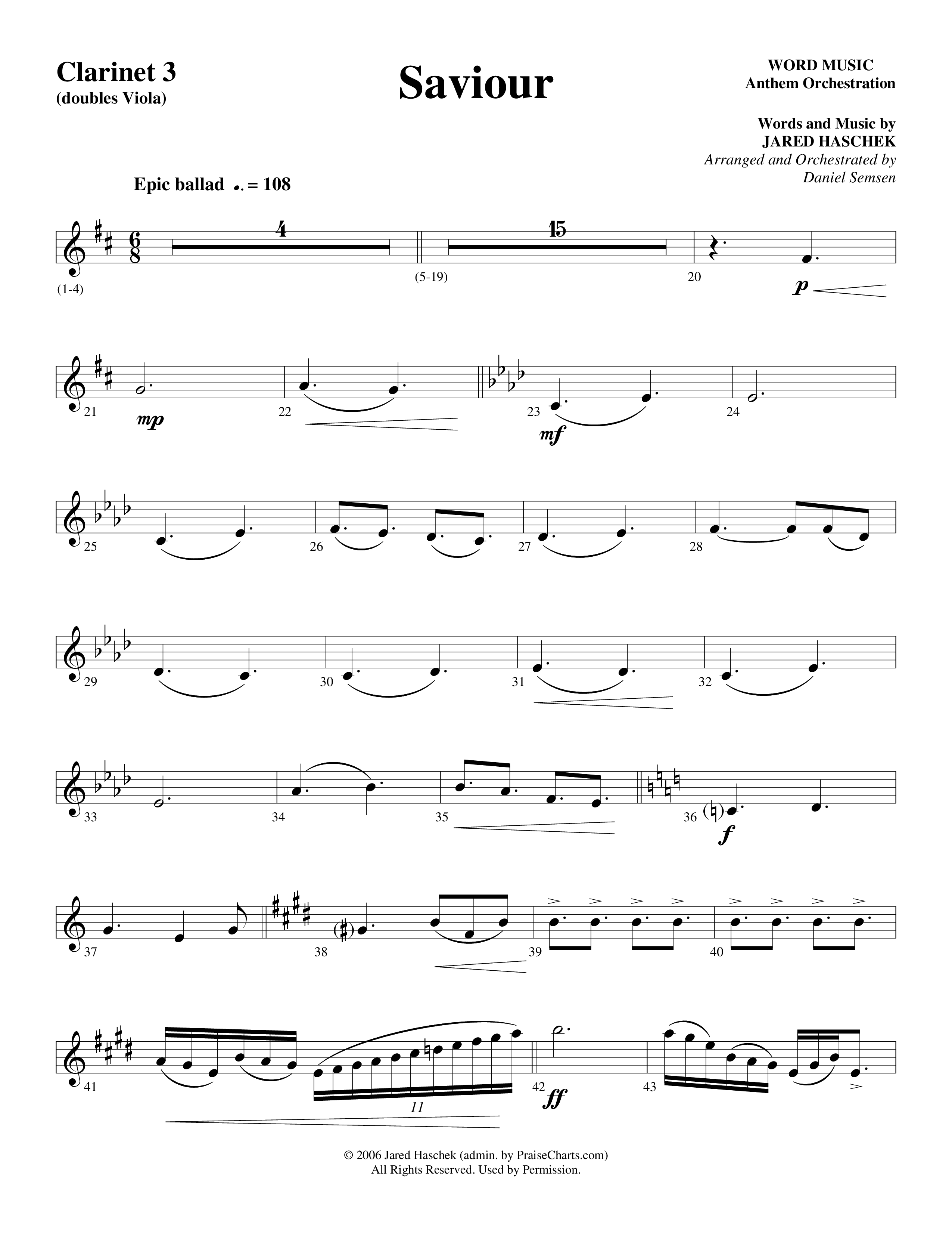 Saviour (Choral Anthem SATB) Clarinet 3 (Word Music Choral / Arr. Daniel Semsen)