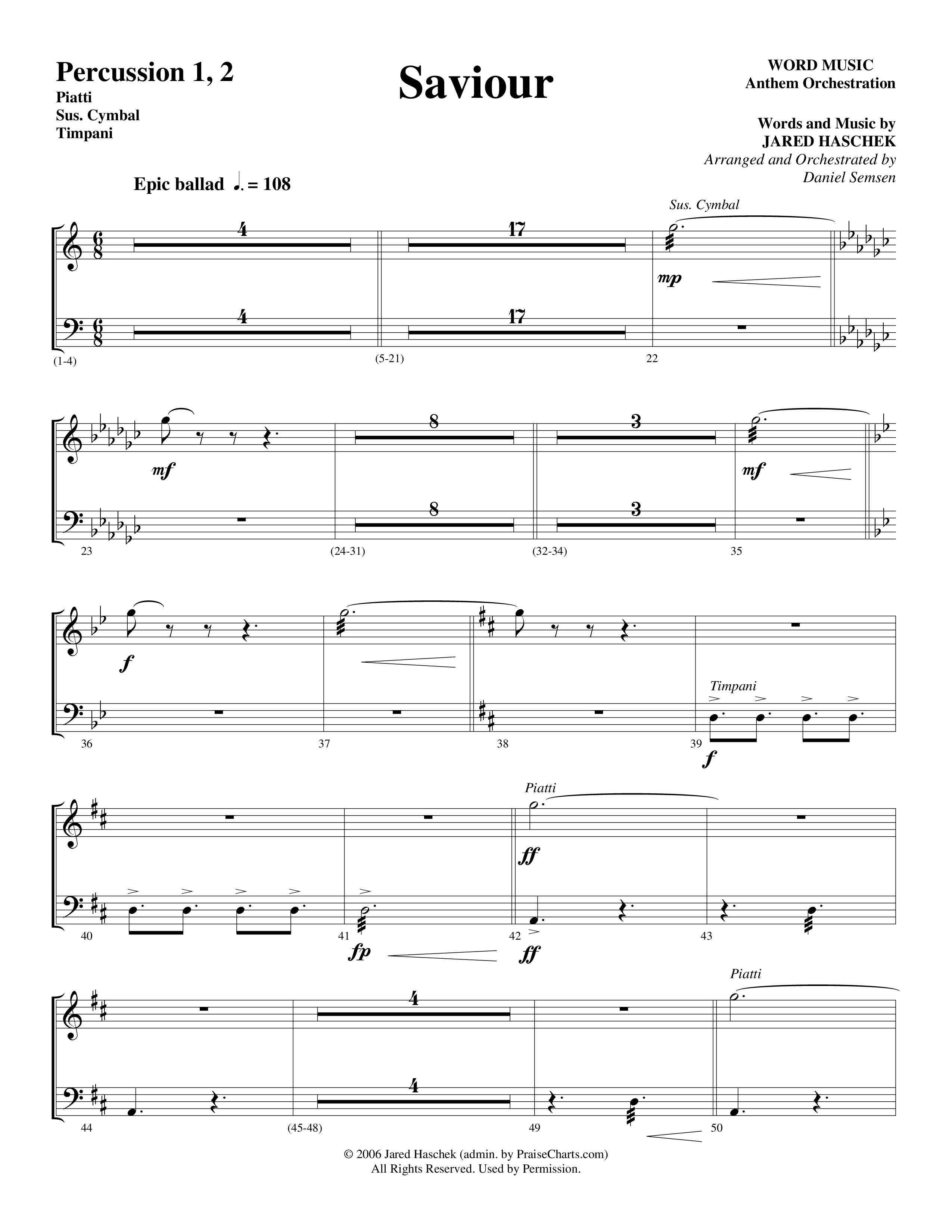 Saviour (Choral Anthem SATB) Percussion 1/2 (Word Music Choral / Arr. Daniel Semsen)