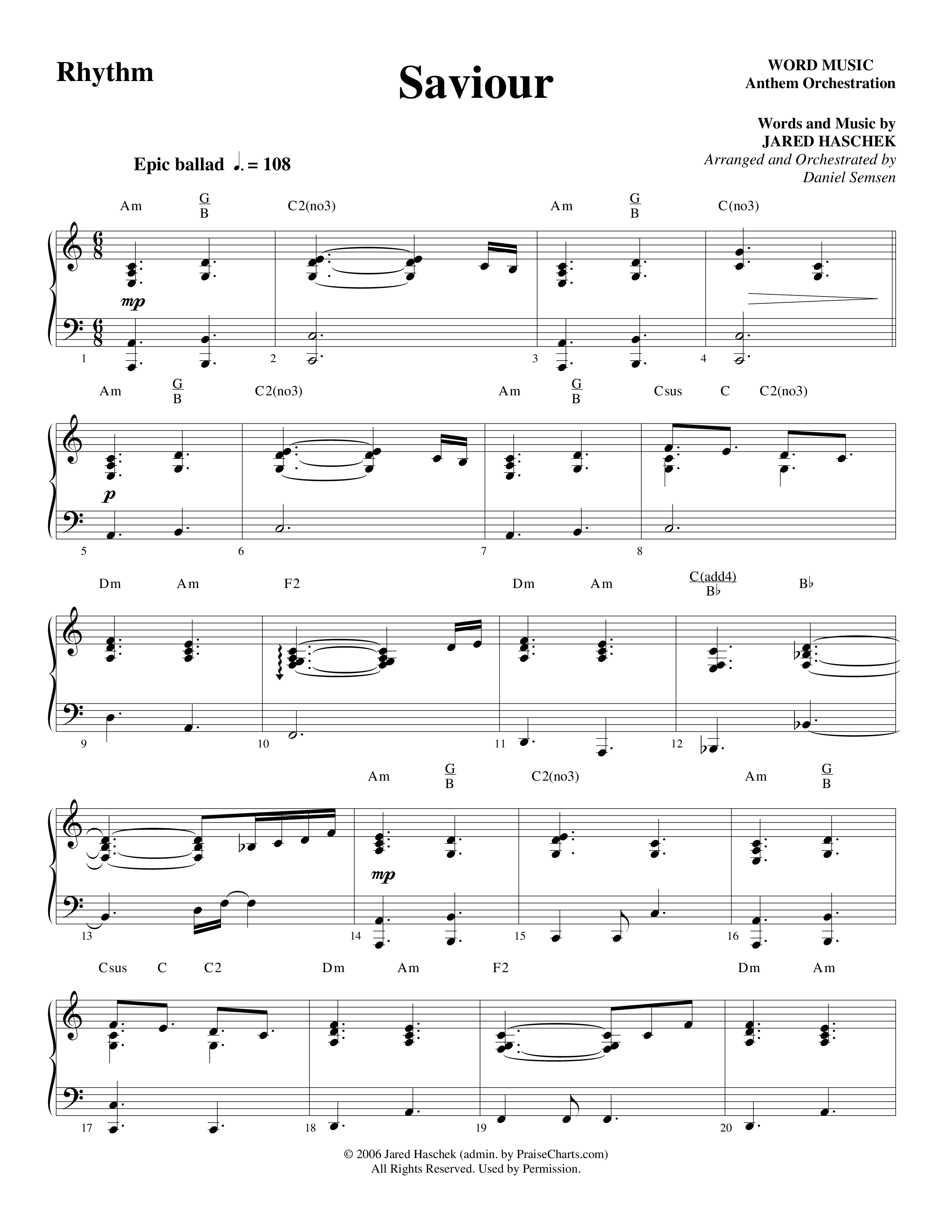 Saviour (Choral Anthem SATB) Rhythm Chart (Word Music Choral / Arr. Daniel Semsen)