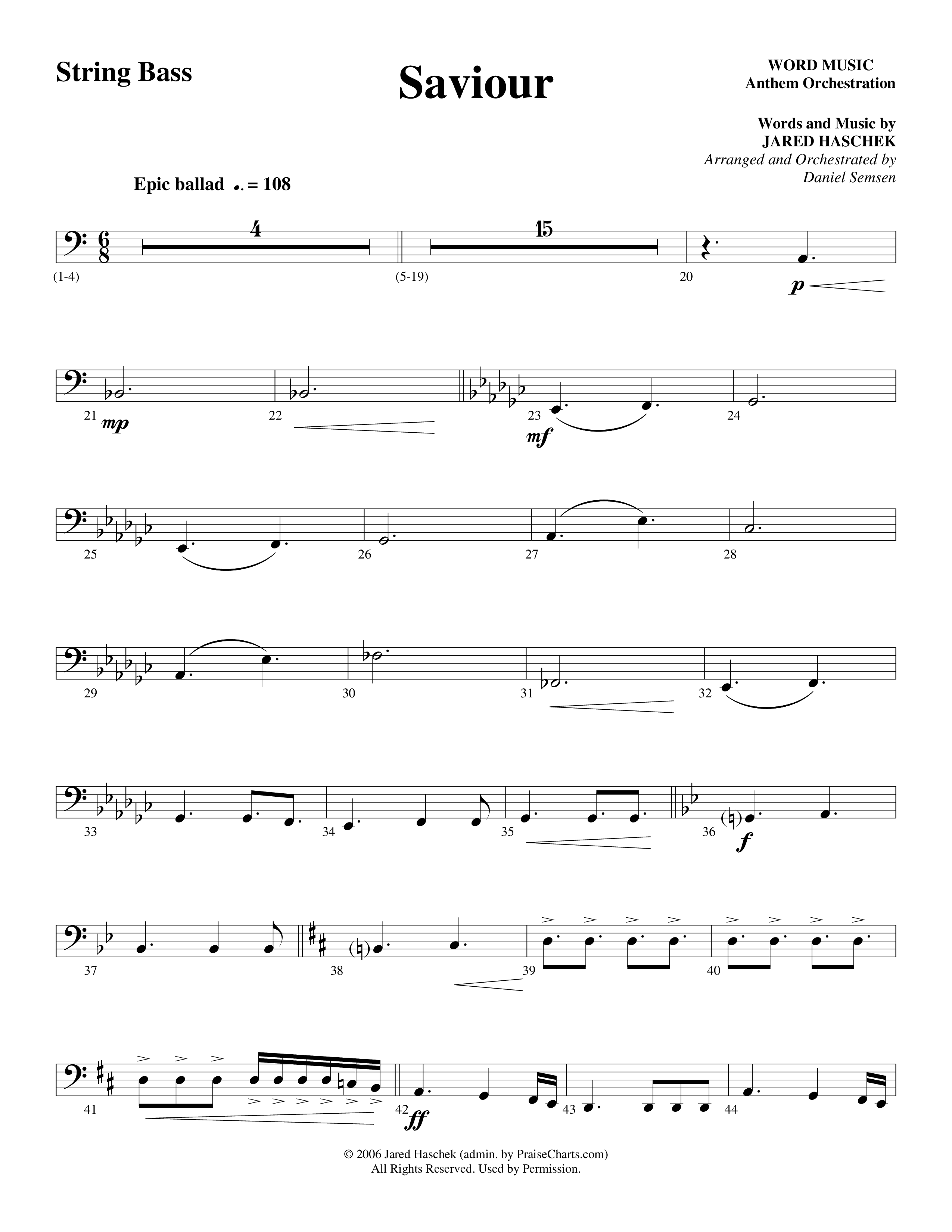Saviour (Choral Anthem SATB) String Bass (Word Music Choral / Arr. Daniel Semsen)