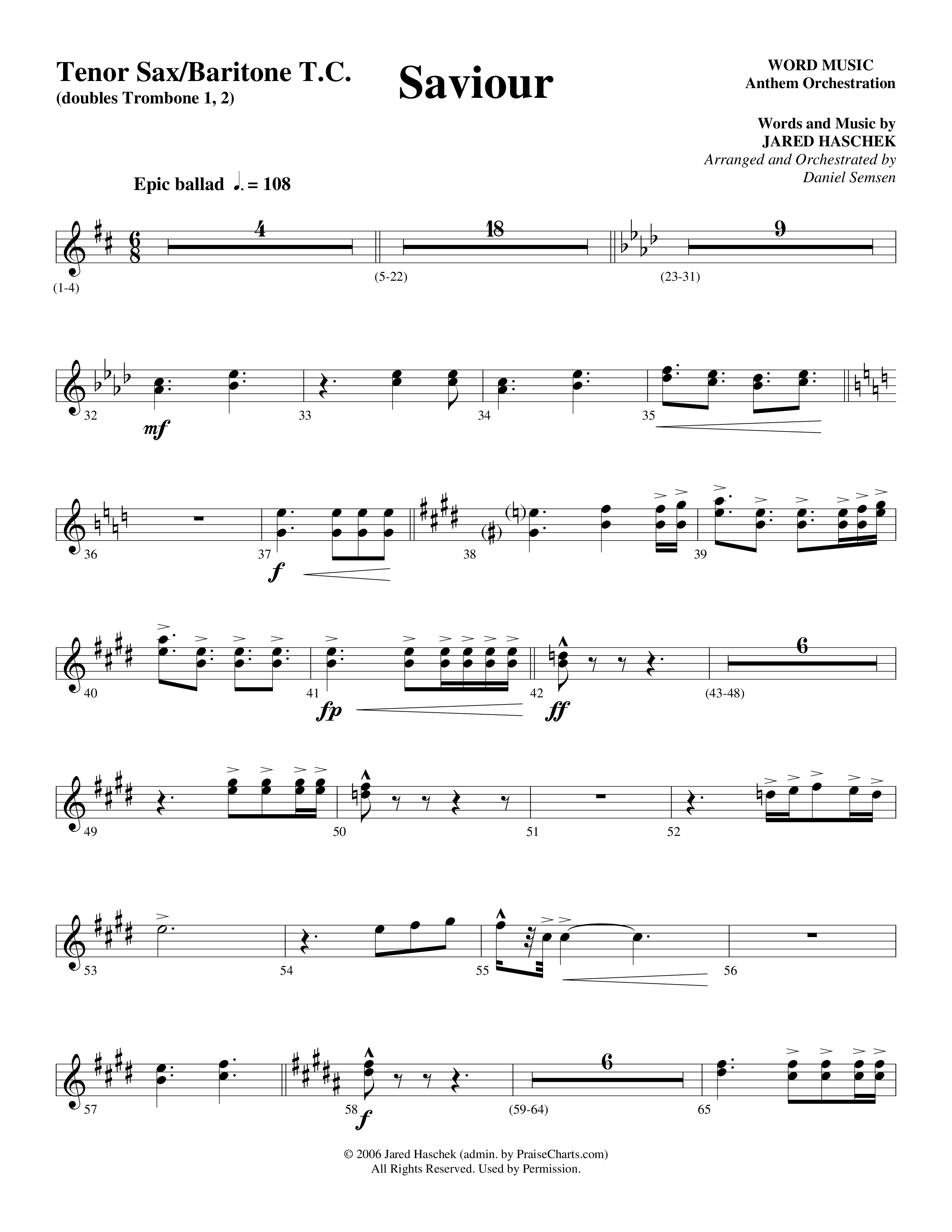Saviour (Choral Anthem SATB) Tenor Sax/Baritone T.C. (Word Music Choral / Arr. Daniel Semsen)