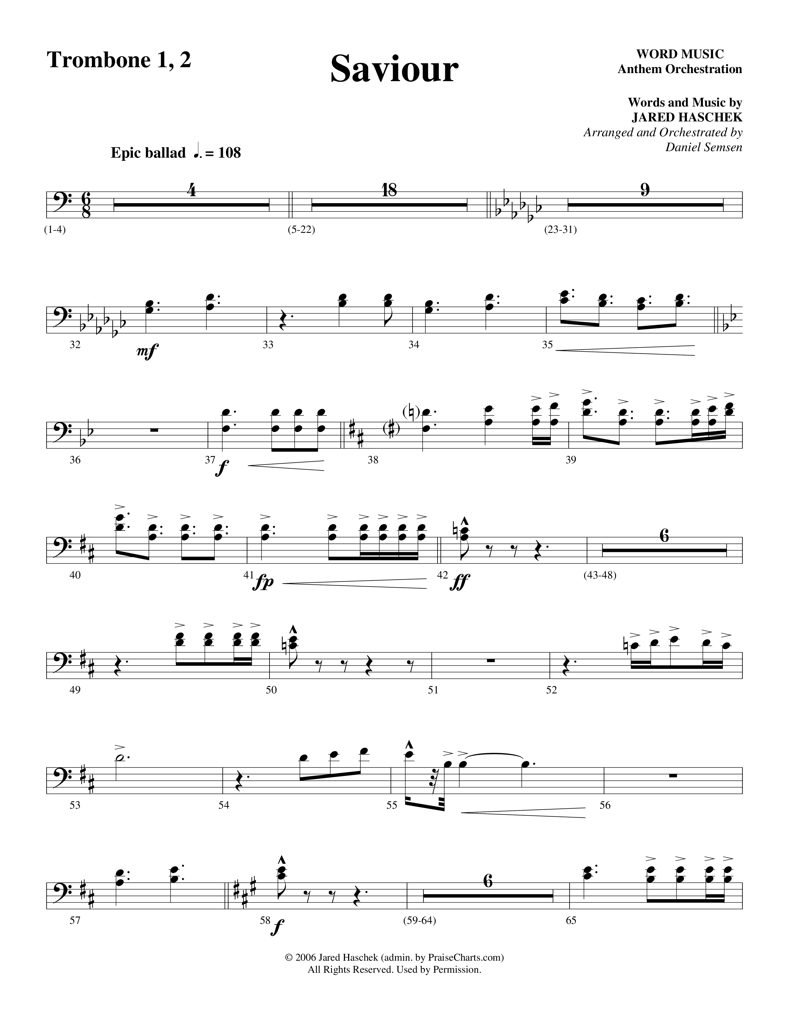 Saviour (Choral Anthem SATB) Trombone 1/2 (Word Music Choral / Arr. Daniel Semsen)