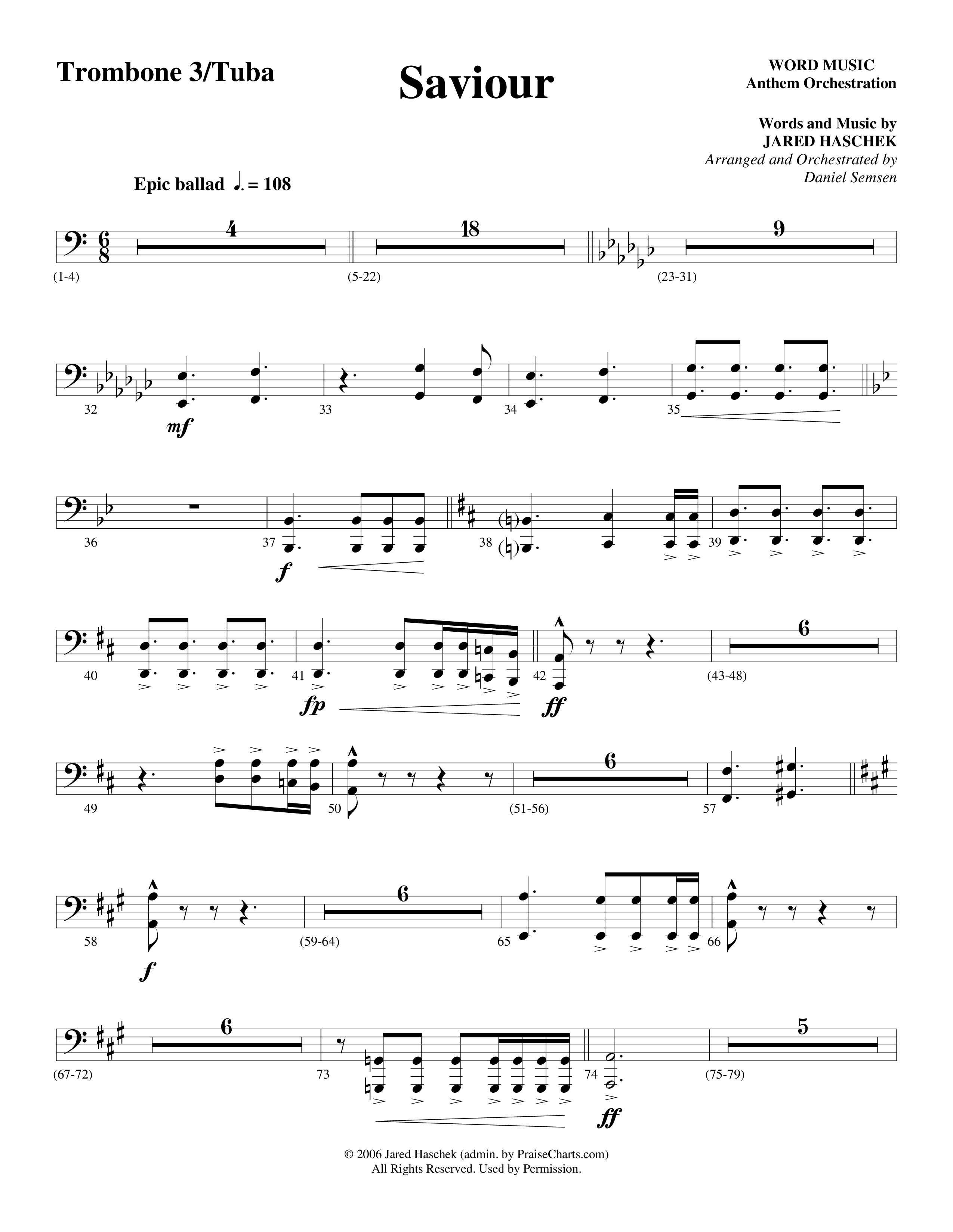 Saviour (Choral Anthem SATB) Trombone 3/Tuba (Word Music Choral / Arr. Daniel Semsen)