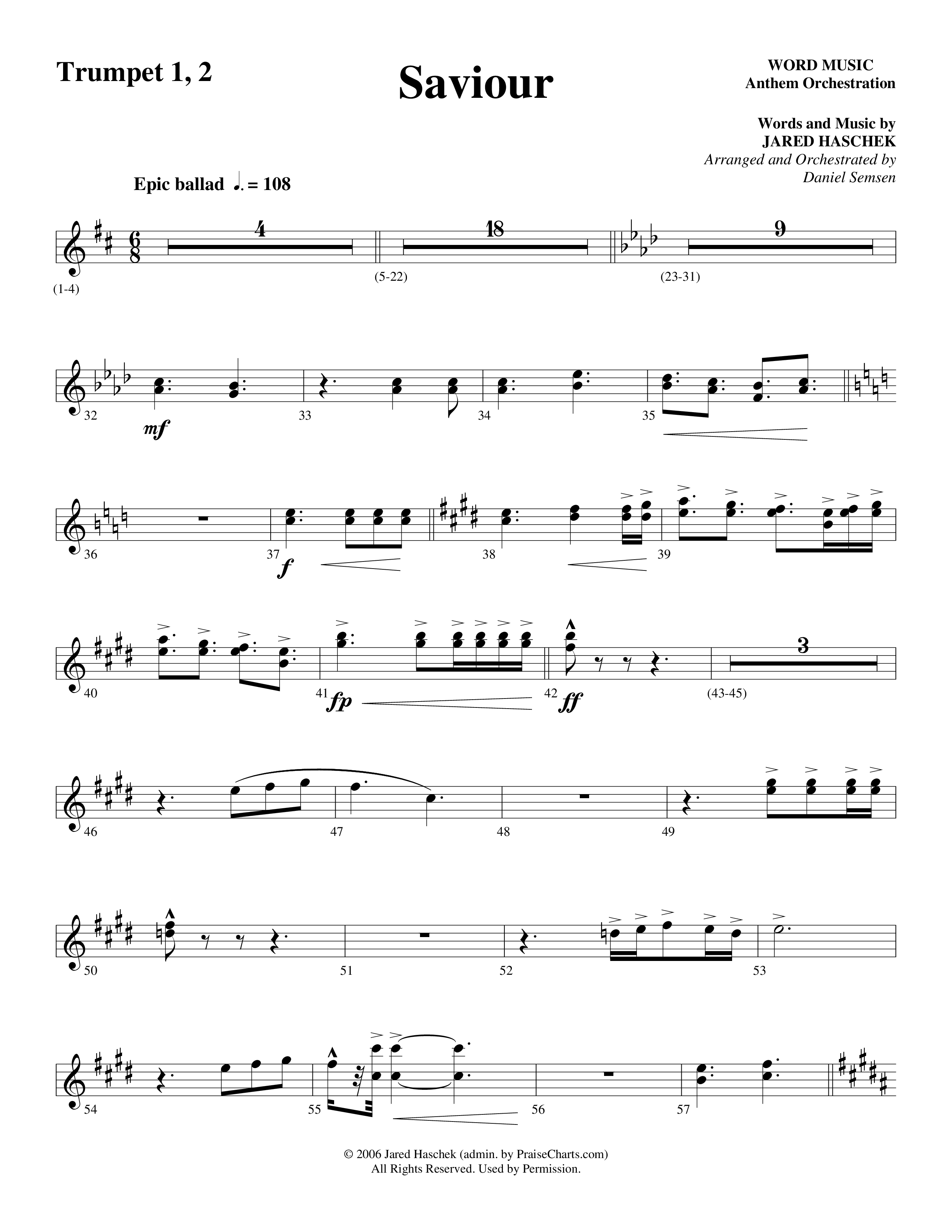 Saviour (Choral Anthem SATB) Trumpet 1,2 (Word Music Choral / Arr. Daniel Semsen)