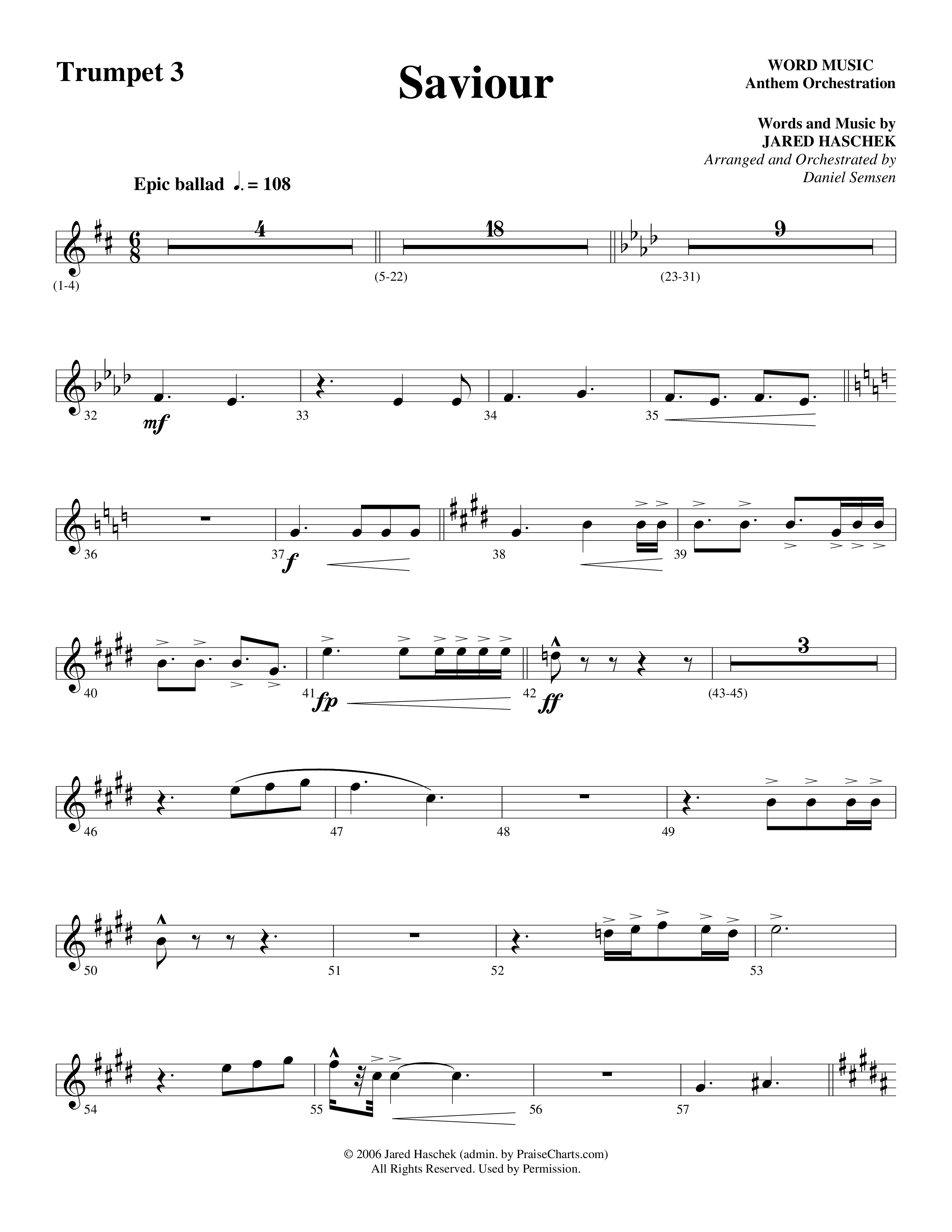 Saviour (Choral Anthem SATB) Trumpet 3 (Word Music Choral / Arr. Daniel Semsen)