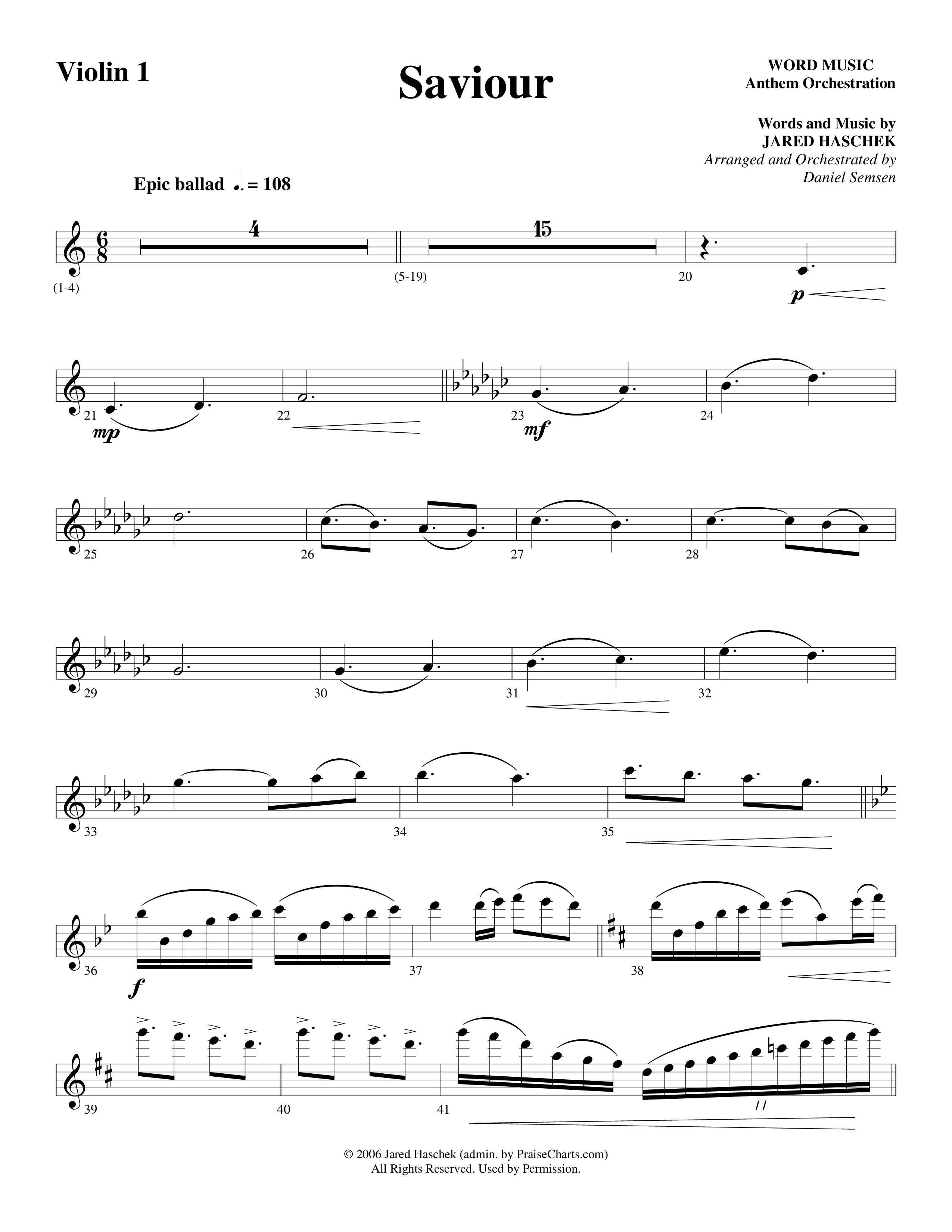 Saviour (Choral Anthem SATB) Violin 1 (Word Music Choral / Arr. Daniel Semsen)