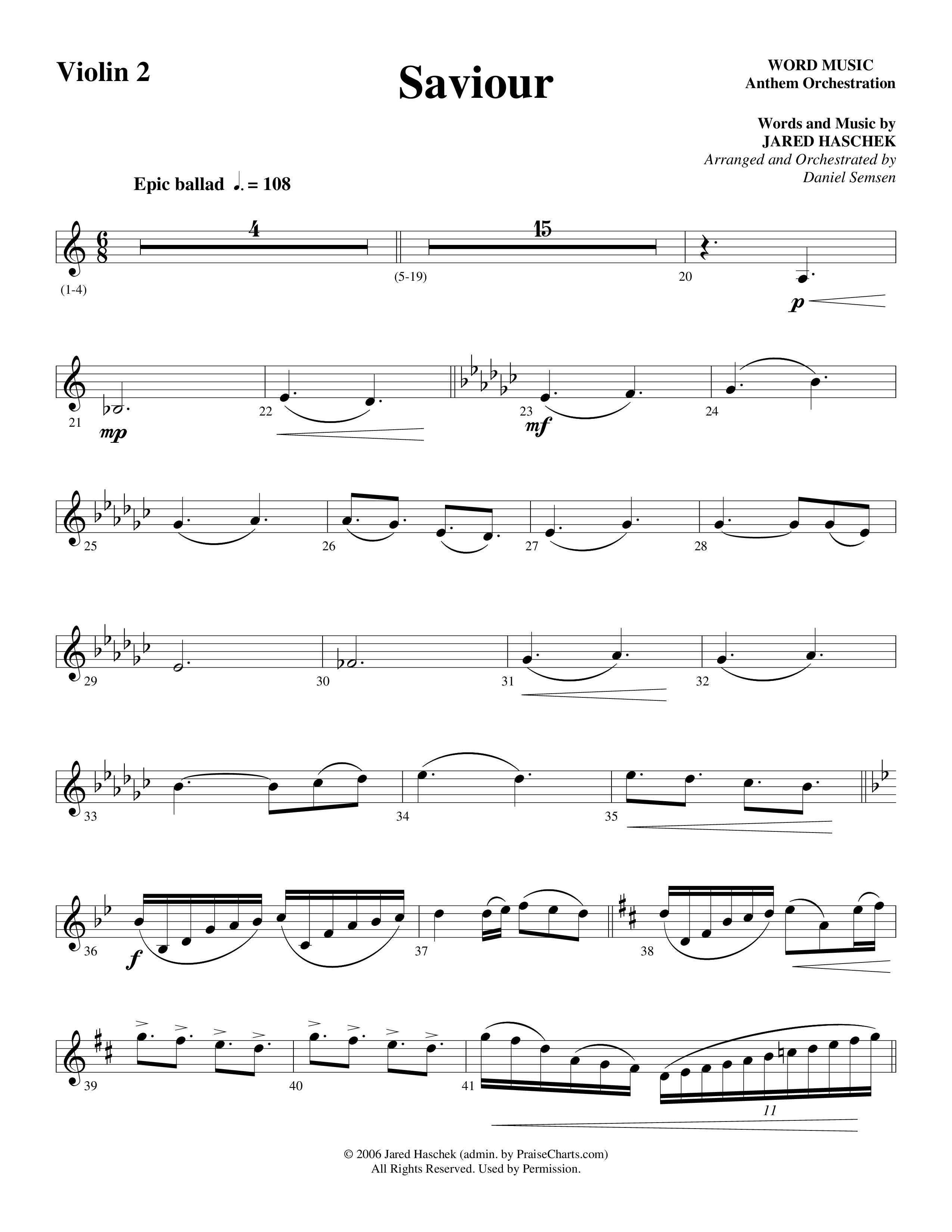 Saviour (Choral Anthem SATB) Violin 2 (Word Music Choral / Arr. Daniel Semsen)