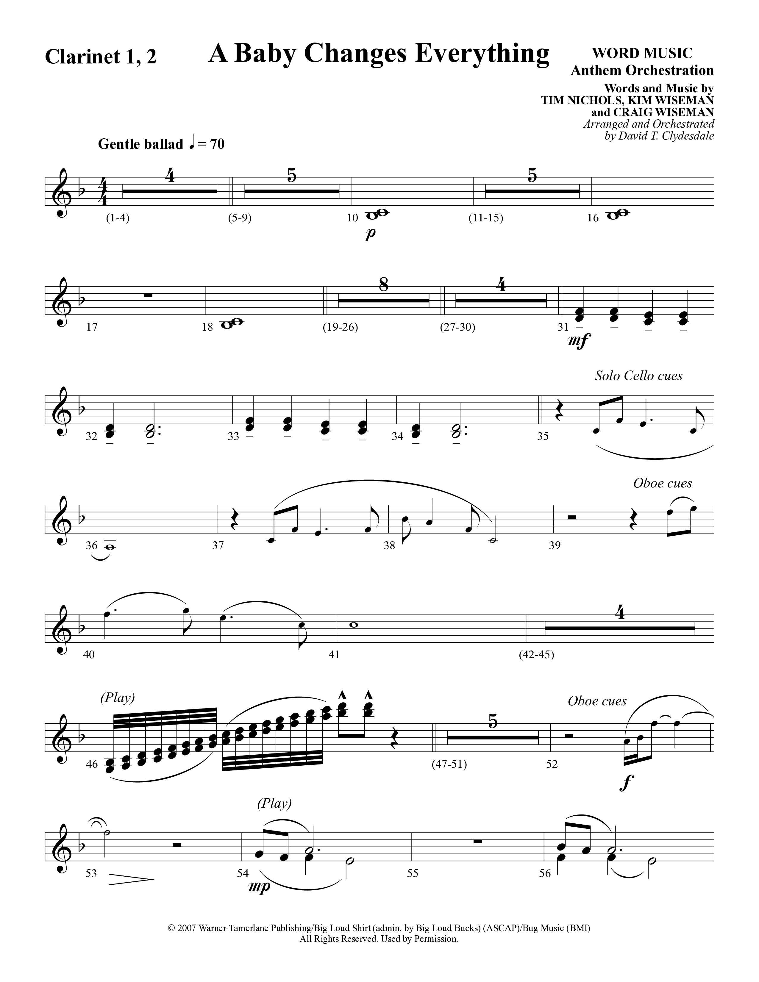 A Baby Changes Everything (Choral Anthem SATB) Clarinet 1/2 (Word Music Choral / Arr. David Clydesdale)