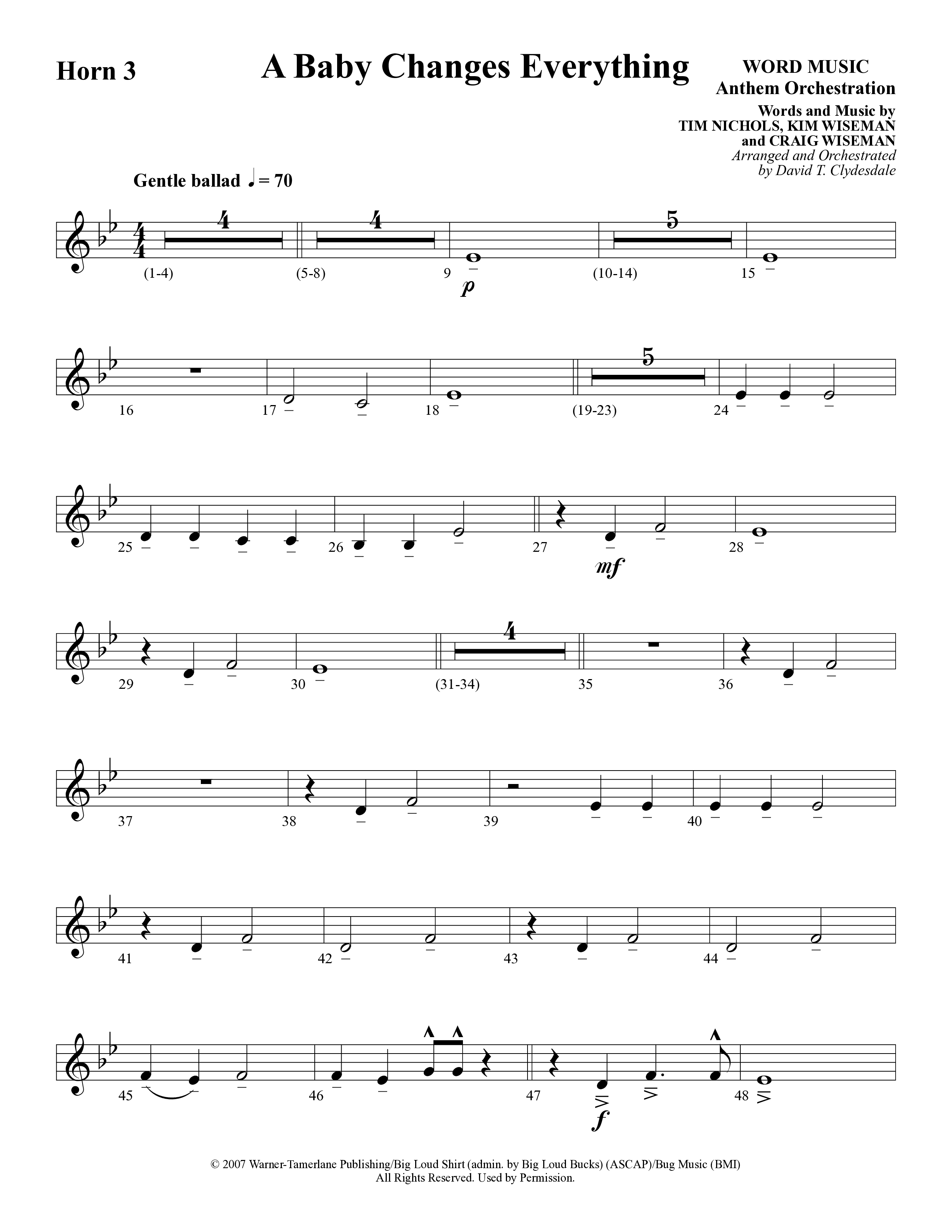A Baby Changes Everything (Choral Anthem SATB) French Horn 3 (Word Music Choral / Arr. David Clydesdale)