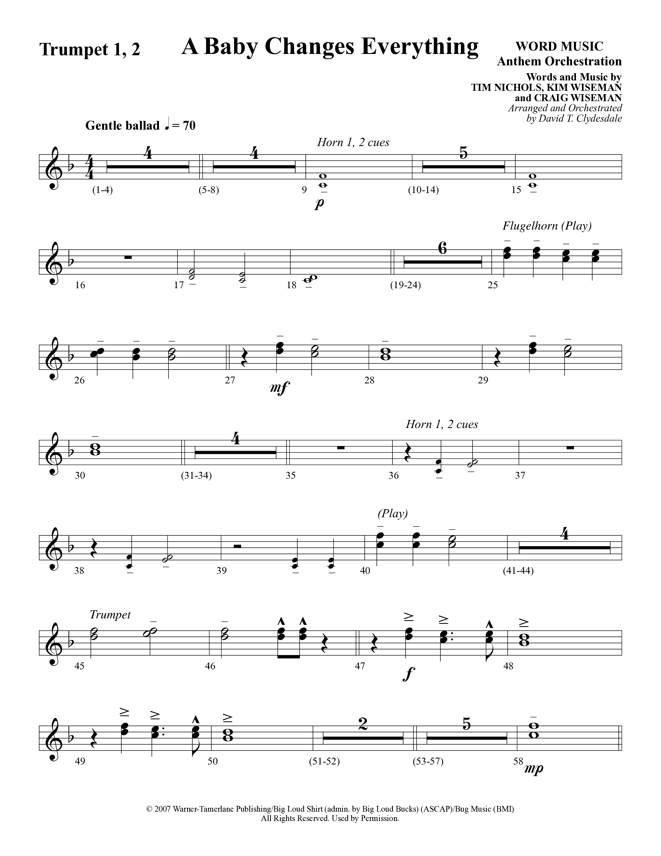 A Baby Changes Everything (Choral Anthem SATB) Trumpet 1,2 (Word Music Choral / Arr. David Clydesdale)