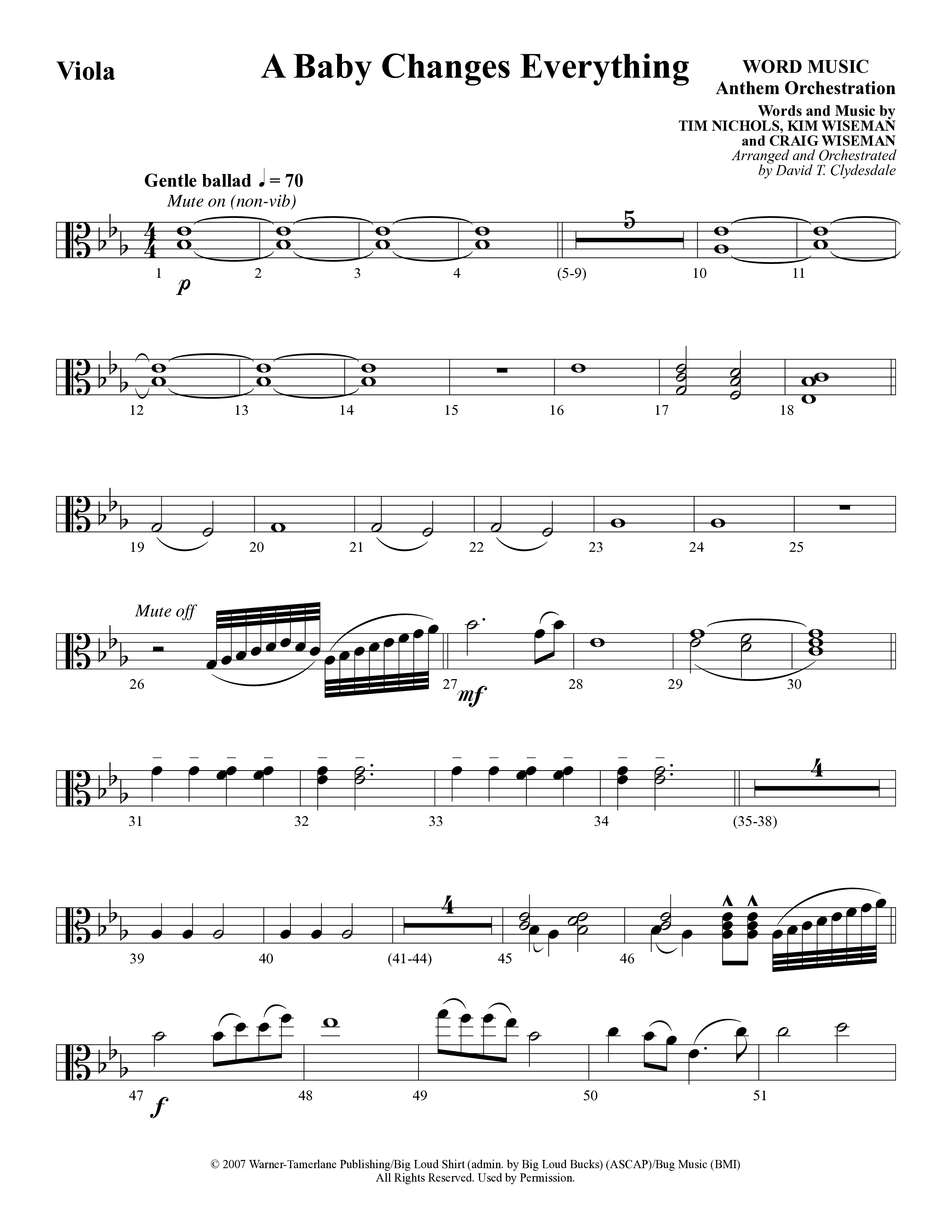 A Baby Changes Everything (Choral Anthem SATB) Viola (Word Music Choral / Arr. David Clydesdale)