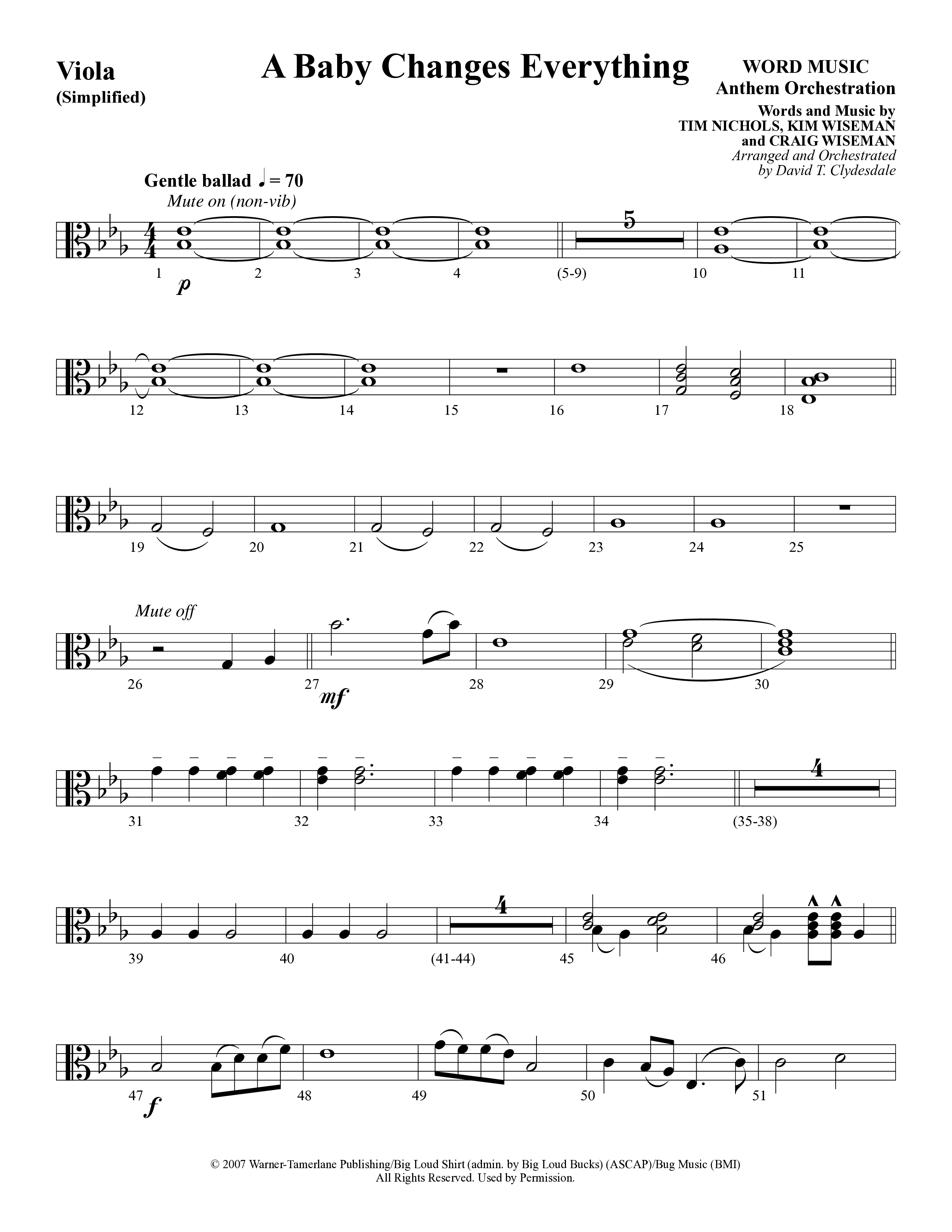 A Baby Changes Everything (Choral Anthem SATB) Viola (Word Music Choral / Arr. David Clydesdale)