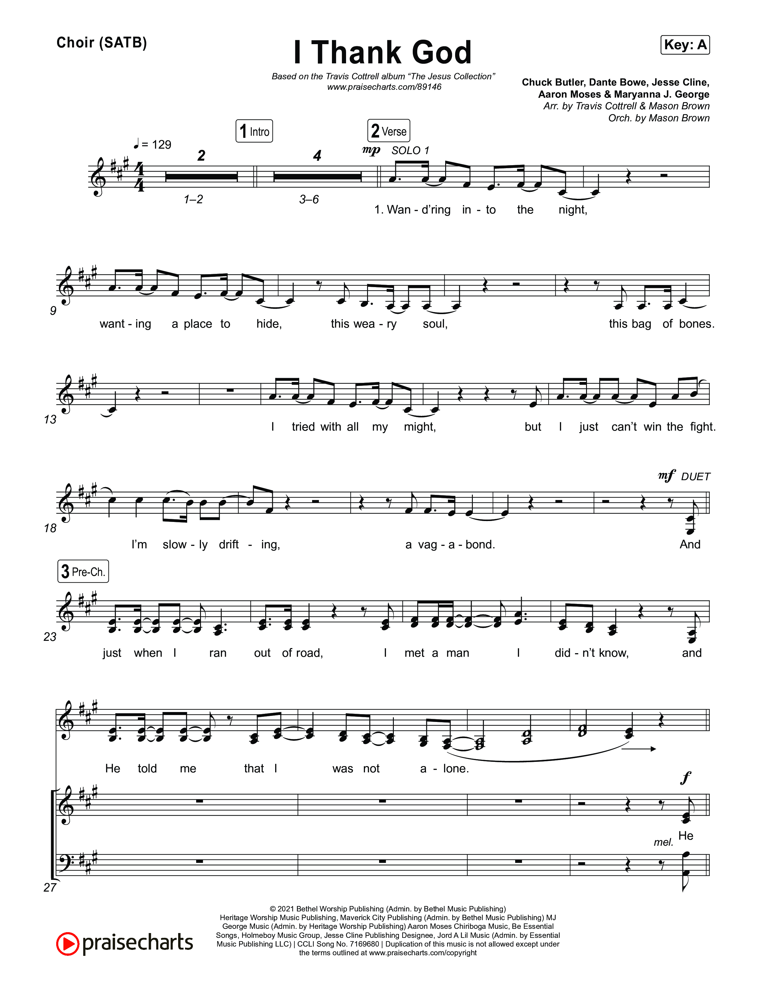 I Thank God (Choral/SATB) Choir Sheet (SATB) (Travis Cottrell / Brooke Voland / Arr. Mason Brown)
