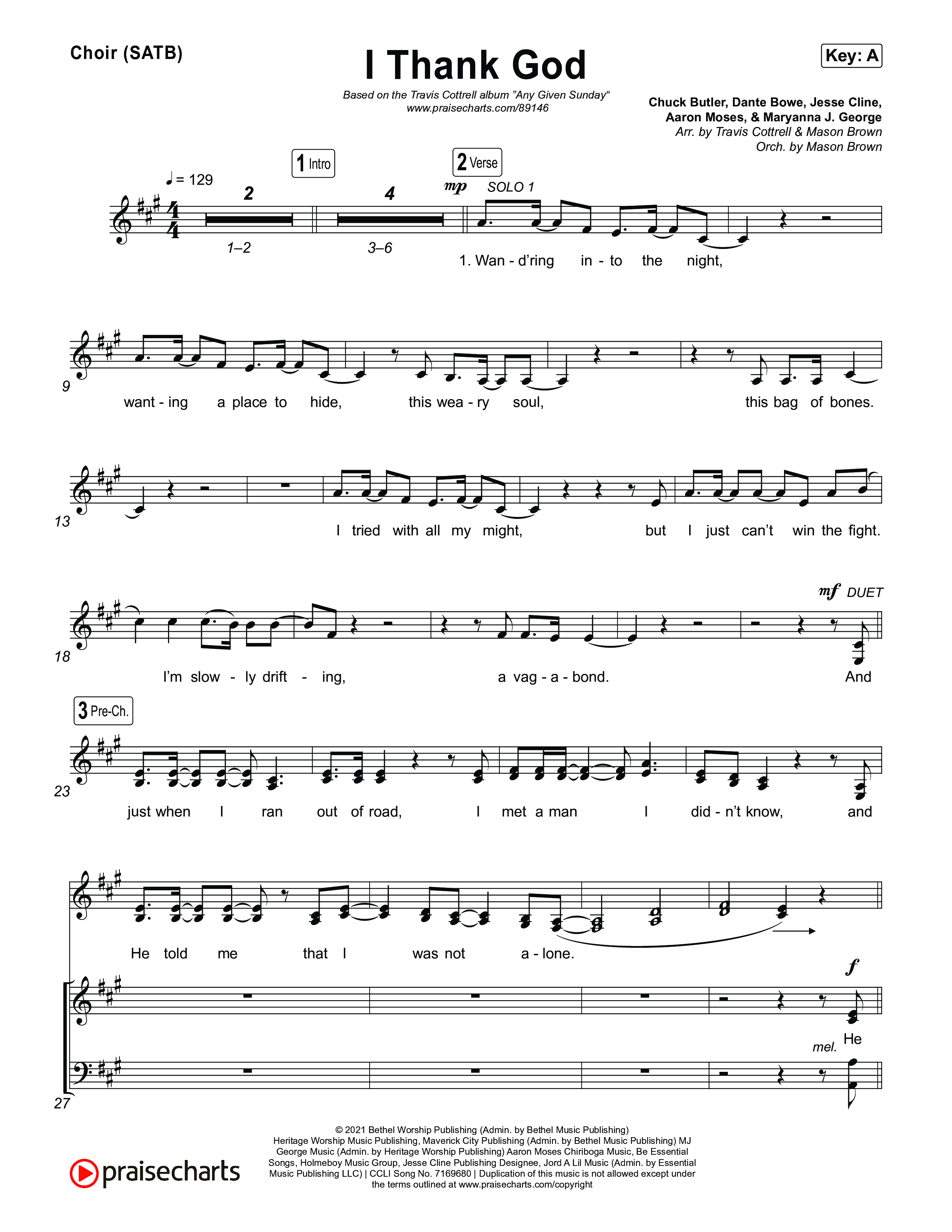 I Thank God (Choral/SATB) Choir Sheet (SATB) (Travis Cottrell / Brooke Voland / Arr. Mason Brown)