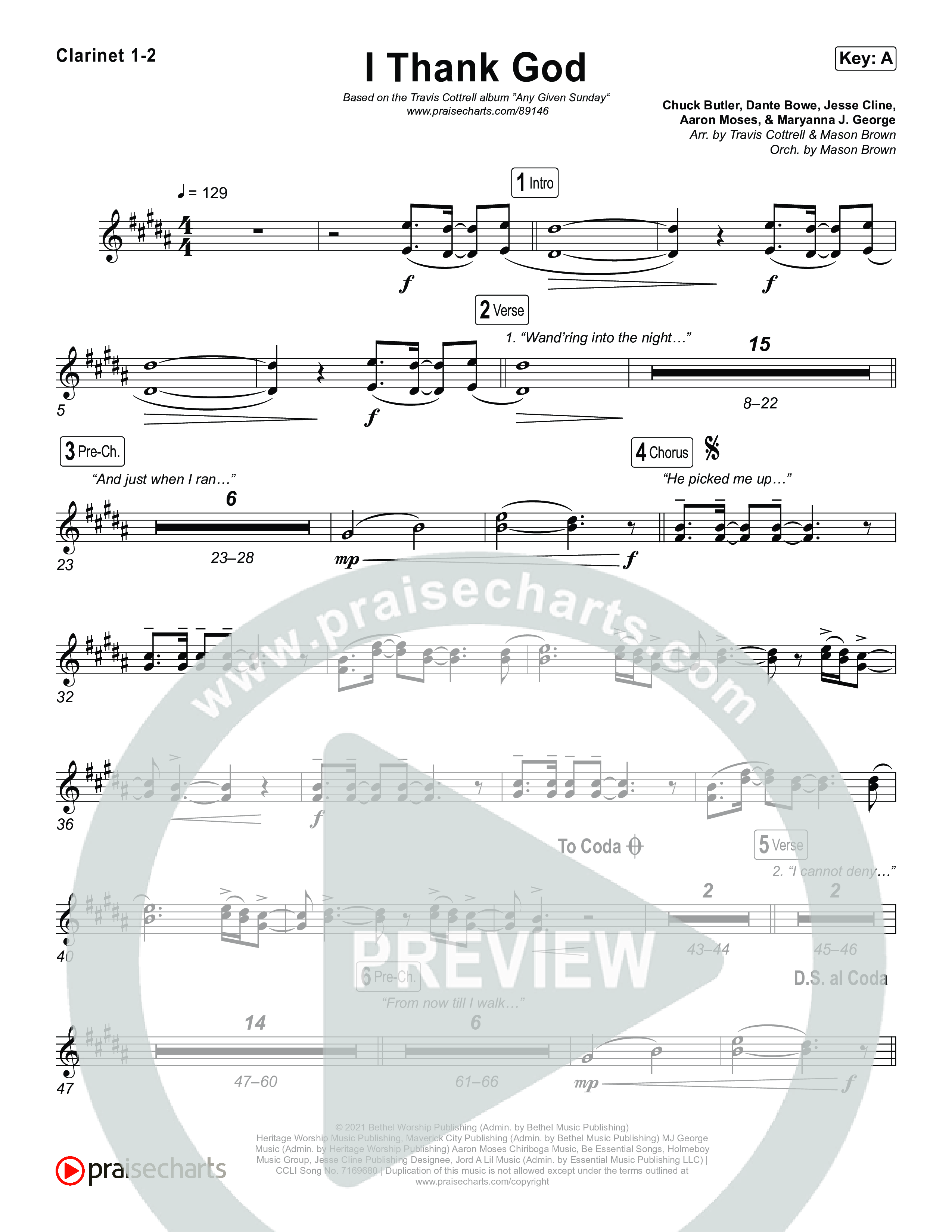 I Thank God (Choral/SATB) Clarinet 1,2 (Travis Cottrell / Brooke Voland / Arr. Mason Brown)