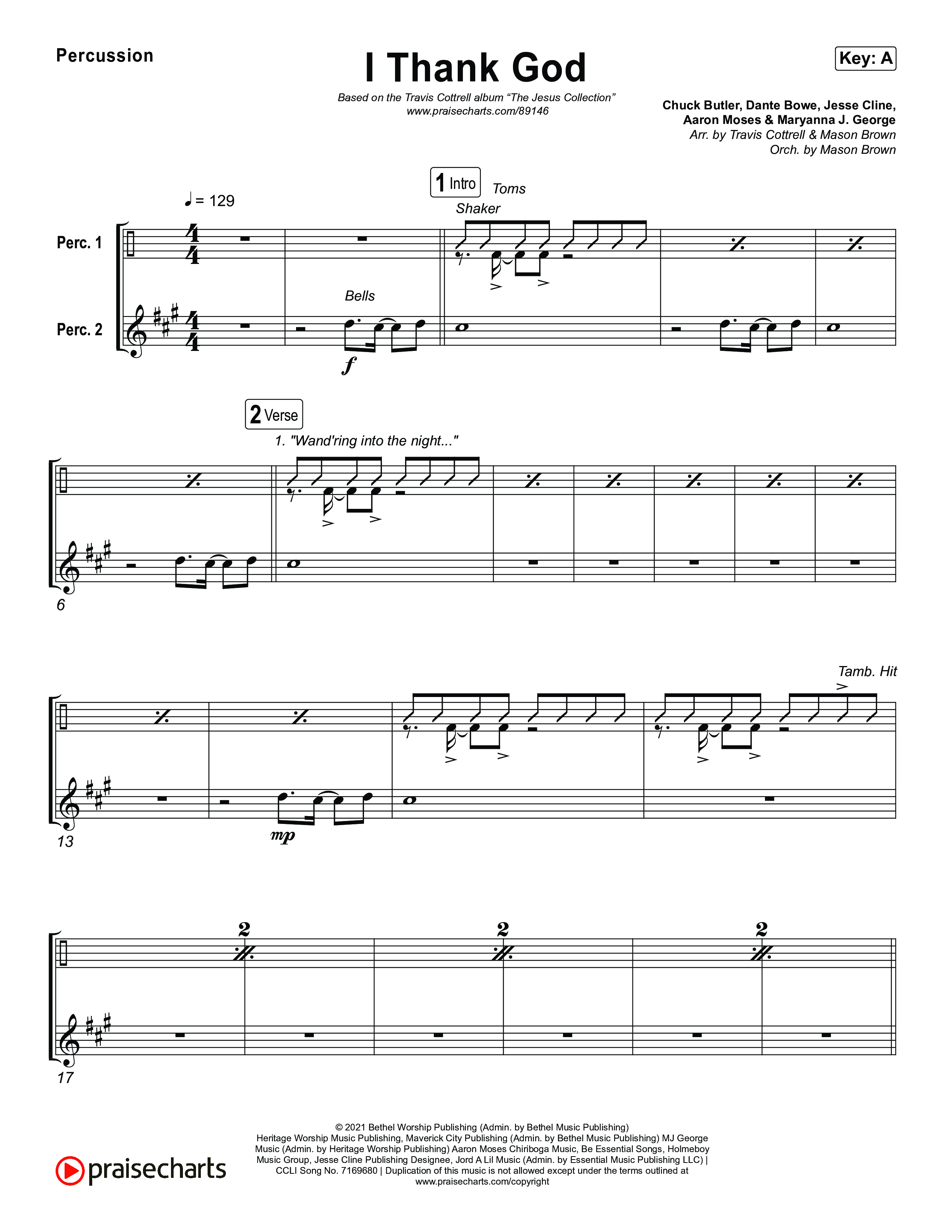 I Thank God (Choral/SATB) Percussion (Travis Cottrell / Brooke Voland / Arr. Mason Brown)