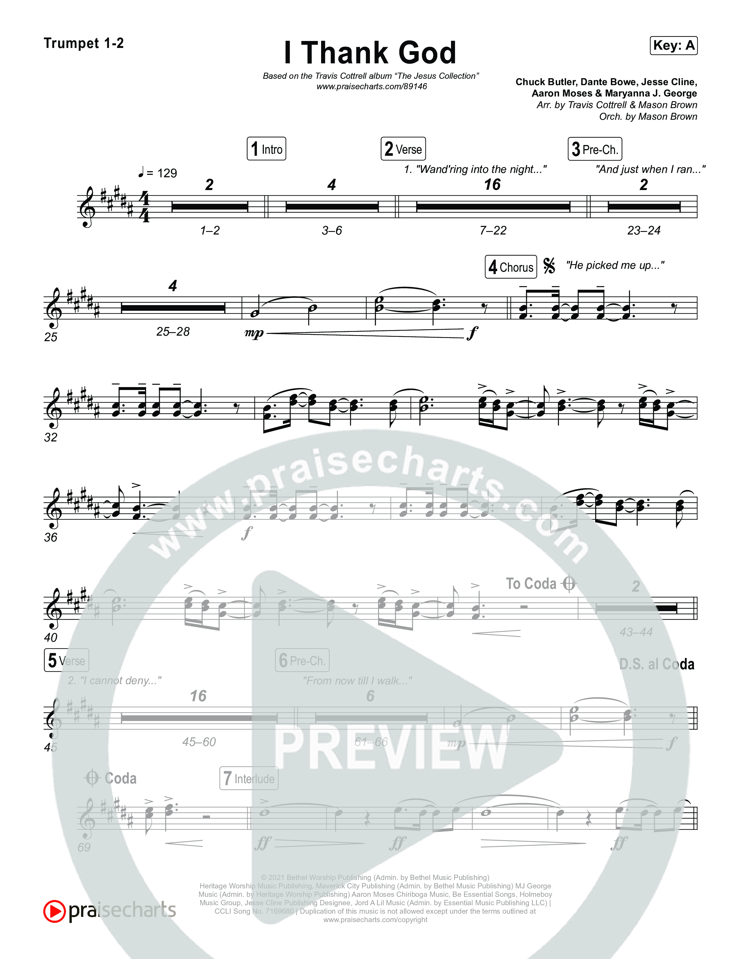 I Thank God (Choral/SATB) Trumpet 1,2 (Travis Cottrell / Brooke Voland / Arr. Mason Brown)