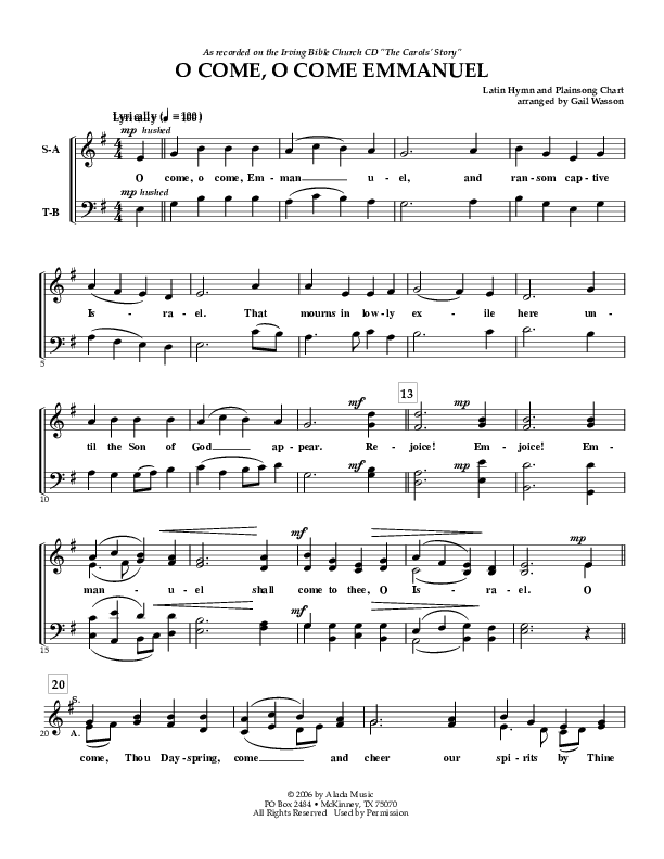 O Come O Come Emmanuel Choir Sheet (SATB) (Irving Bible Church Vox Humana Choir / Gail Wasson)