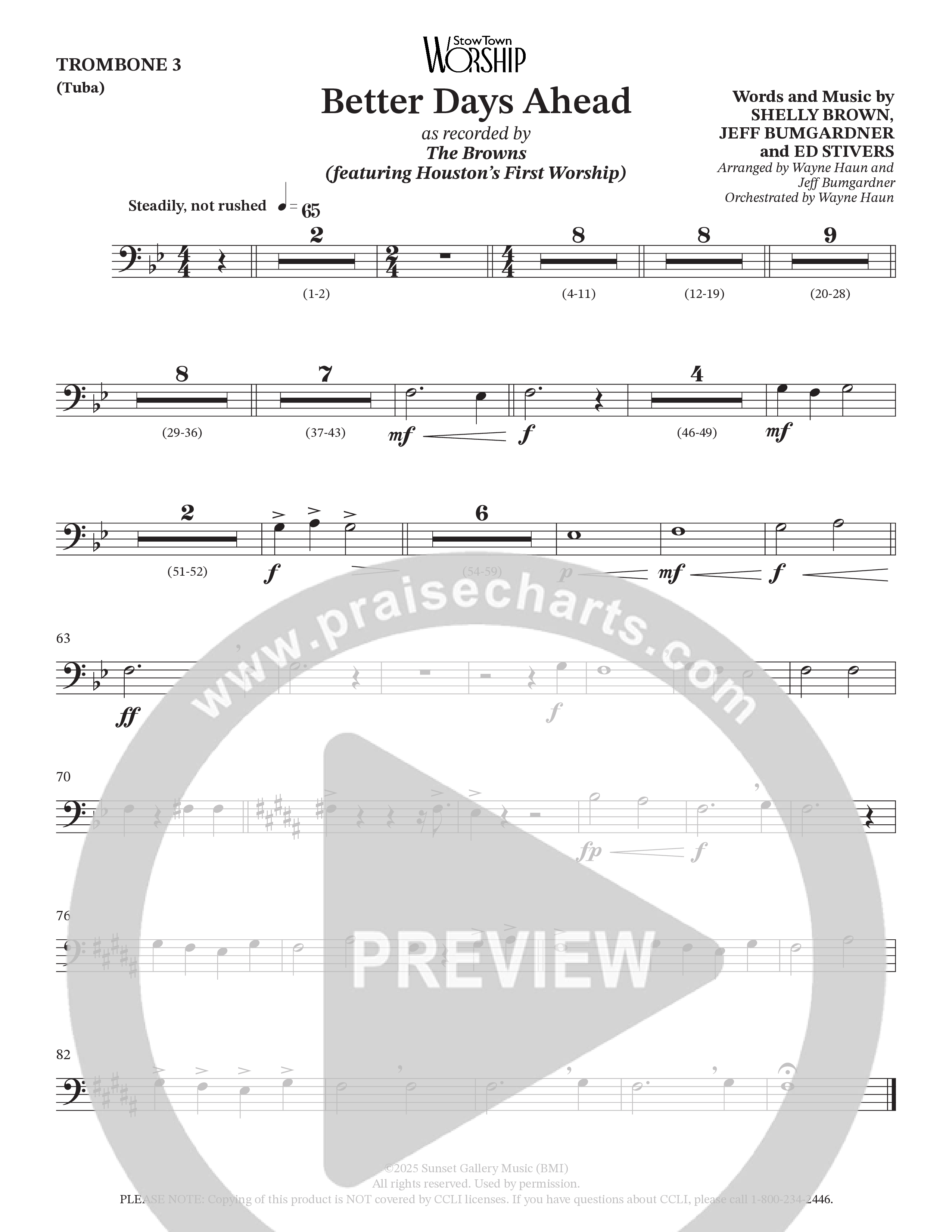 Better Days Ahead (Choral Anthem SATB) Trombone 3 (The Browns / Houston's First Worship / Arr. Jeff Bumgardner / Orch. Wayne Haun)