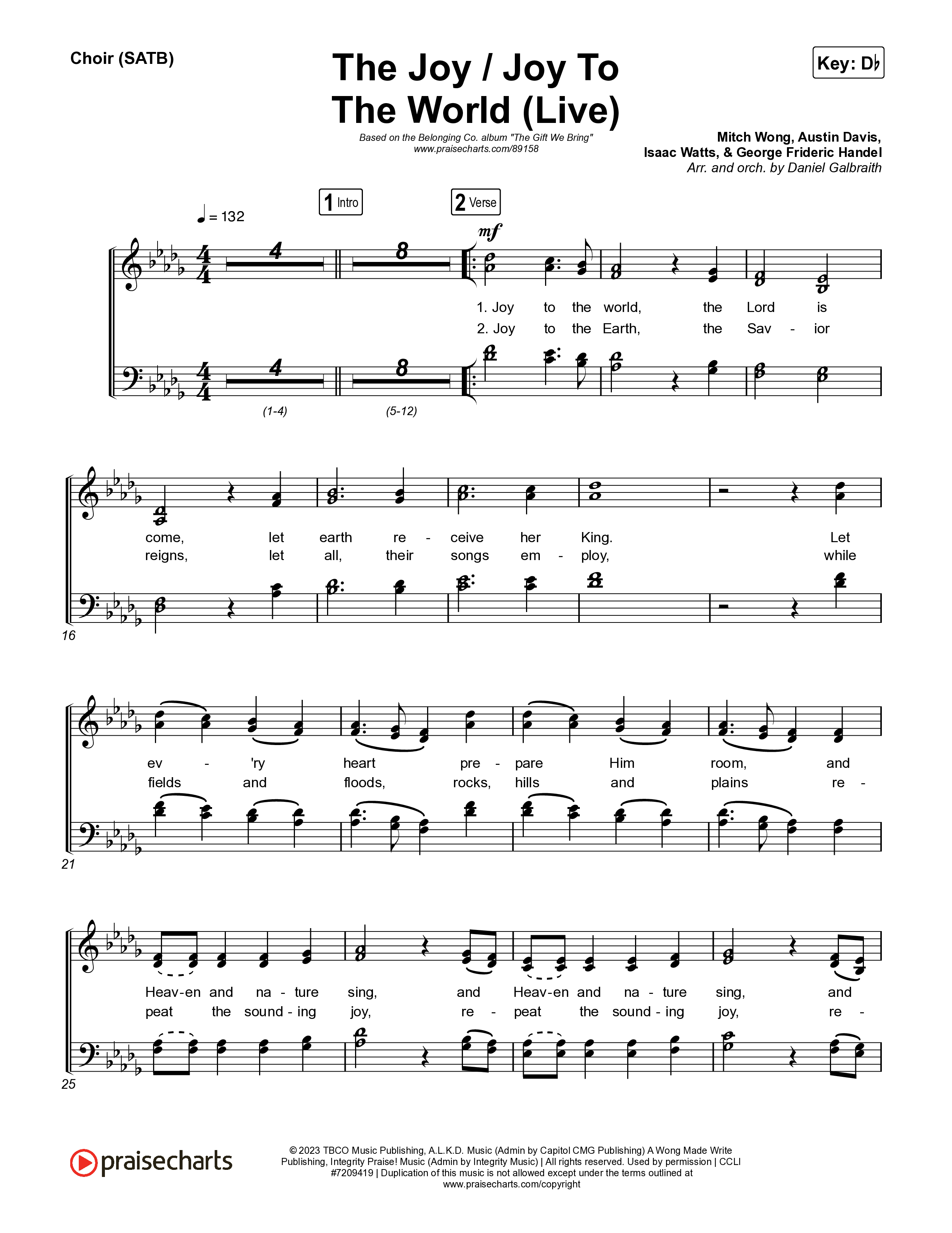 The Joy / Joy To The World (Live) Choir Sheet (SATB) (The Belonging Co / David Dennis)