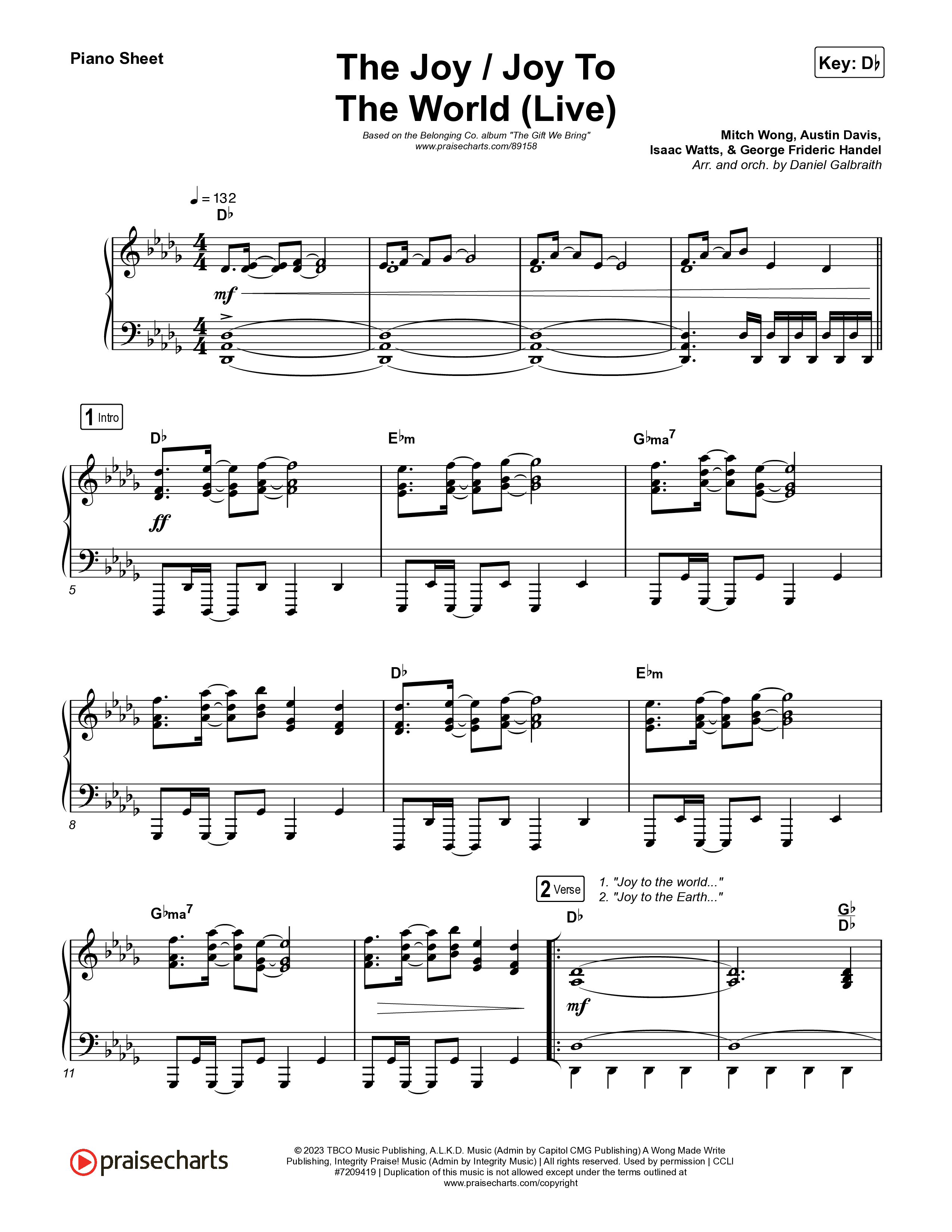 The Joy / Joy To The World (Live) Piano Sheet (The Belonging Co / David Dennis)